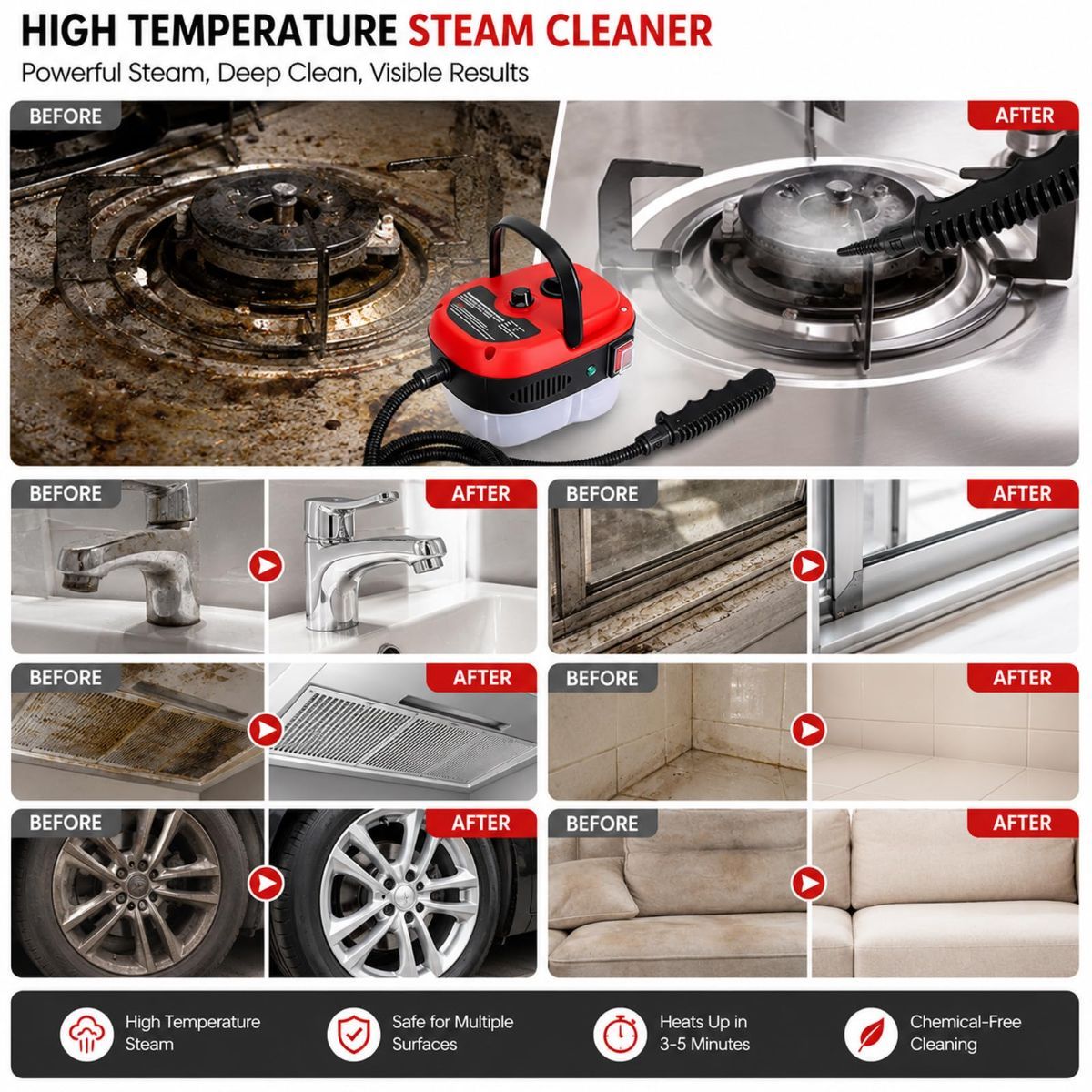 Versora Pro Car Steam Cleaner, 2500W Steam Cleaner, Lightweight High-Temp Steamer for Auto Detailing, Sofa, Tile & Grease, Large Tank + Brush Heads Included  - Red - Image 7
