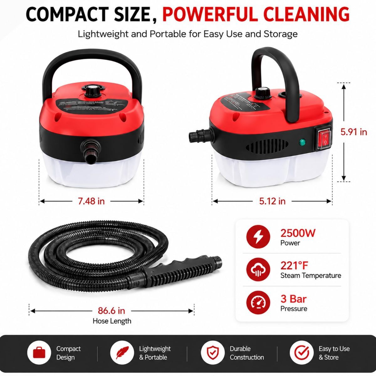 Versora Pro Car Steam Cleaner, 2500W Steam Cleaner, Lightweight High-Temp Steamer for Auto Detailing, Sofa, Tile & Grease, Large Tank + Brush Heads Included (White) - Image 6
