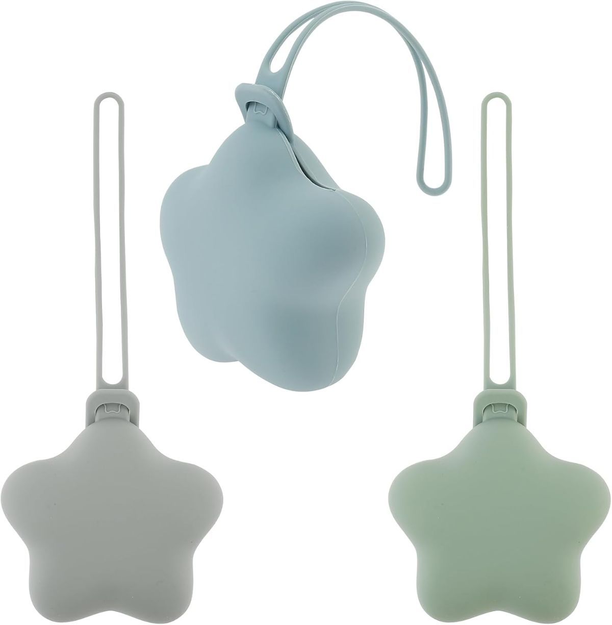 3Pcs Pacifier Holder Case, Safe and Soft Material Pacifier Pouch, Food Grade Silicone Pacifier Case, Star Shape, Protective Pacifier Storage Case for Diaper Bag Stroller - Blue-Grey-Green - Size 95mm - Image 1