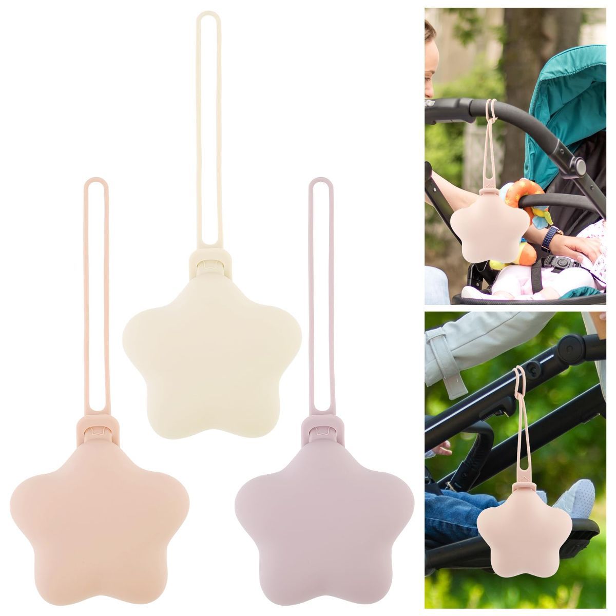 3Pcs Pacifier Holder Case, Safe and Soft Material Pacifier Pouch, Food Grade Silicone Pacifier Case, Star Shape, Protective Pacifier Storage Case for Diaper Bag Stroller - Purple-Beige-Pink - Size 95mm - Image 5