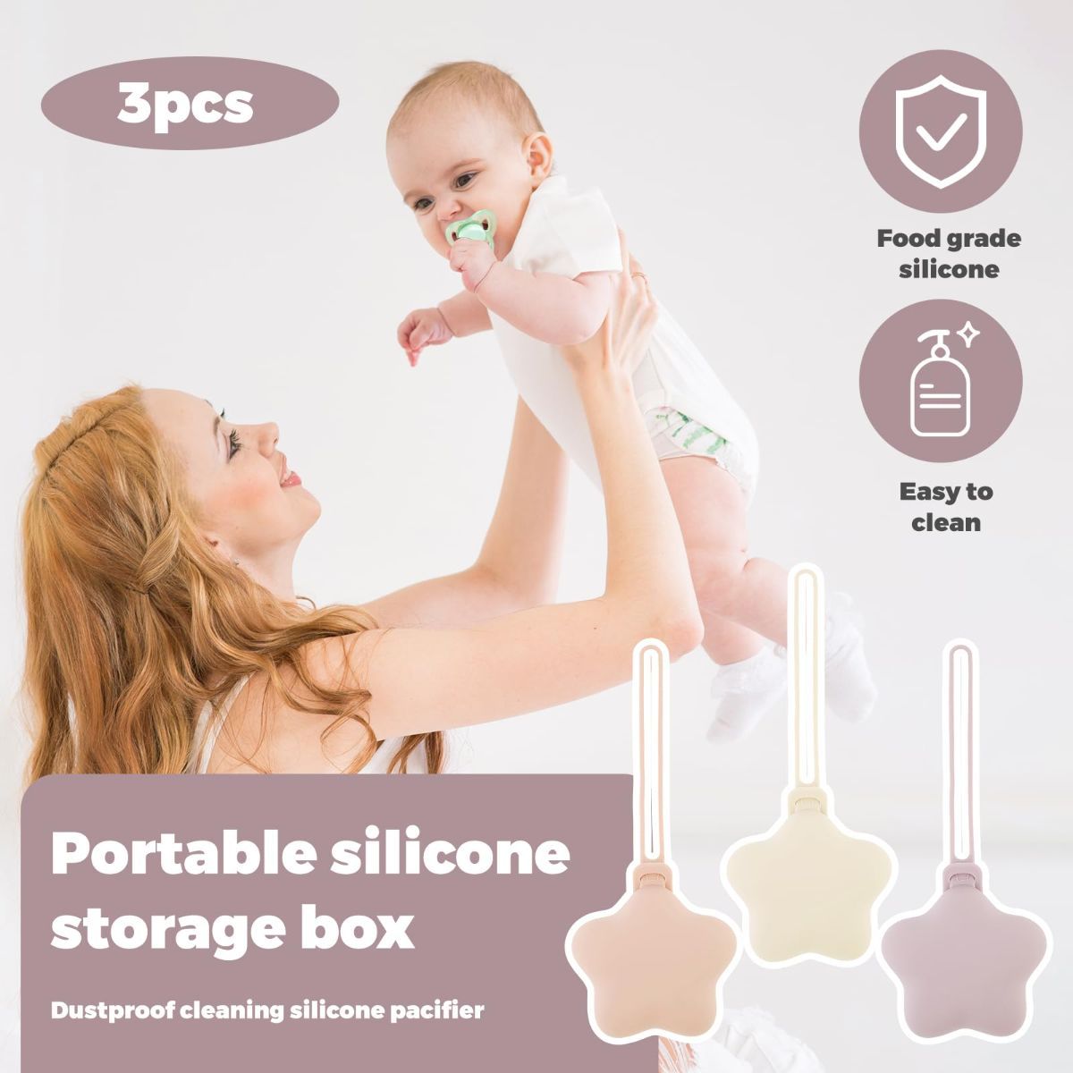 3Pcs Pacifier Holder Case, Safe and Soft Material Pacifier Pouch, Food Grade Silicone Pacifier Case, Star Shape, Protective Pacifier Storage Case for Diaper Bag Stroller - Purple-Beige-Pink - Size 95mm - Image 6