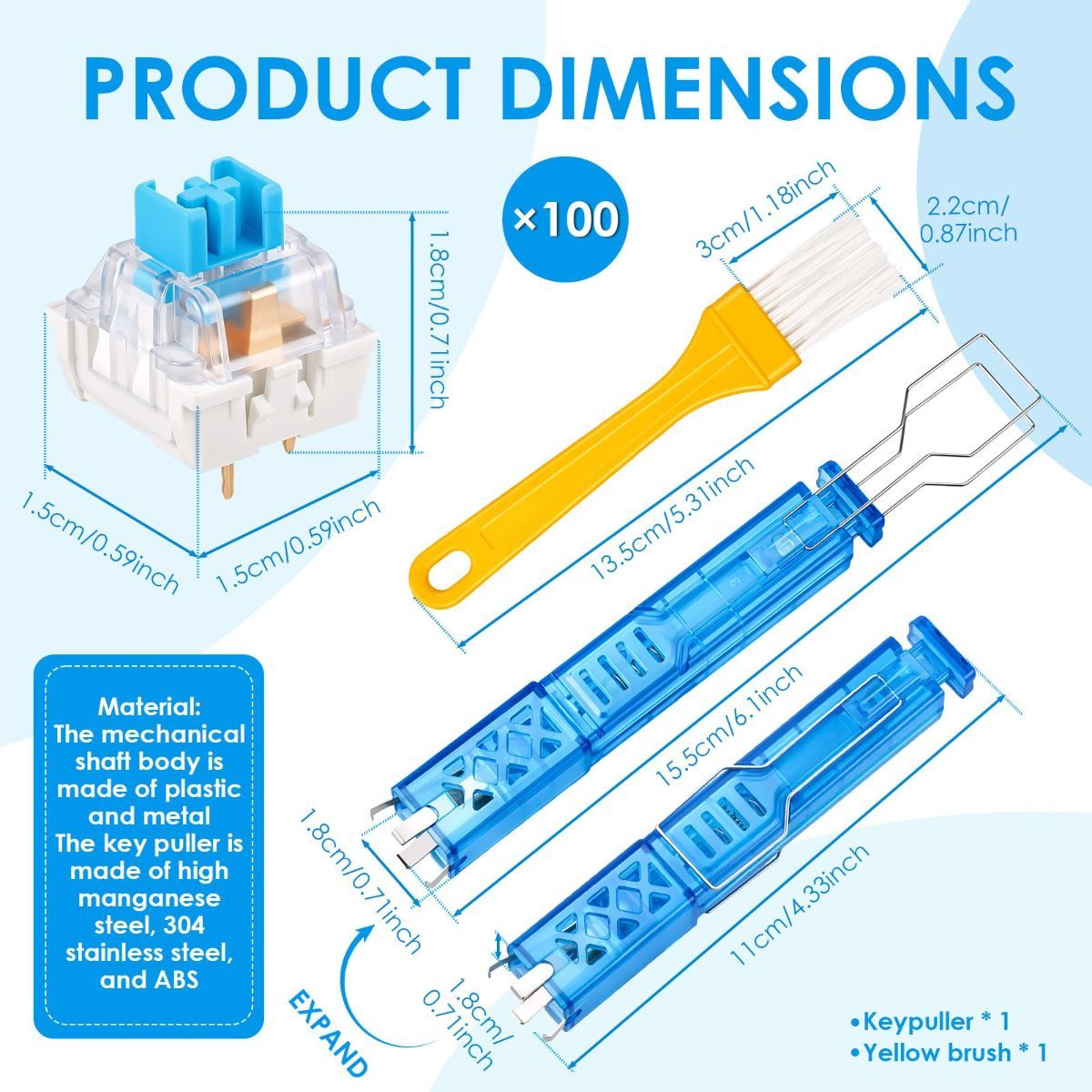 100 PCS Blue Mechanical Keyboard Switches Clickers with Upgraded 4-Claw Switch Puller & Brush, Dustproof Clicky Tactile Switches for Gaming Keyboards, 3D Prints - Image 1