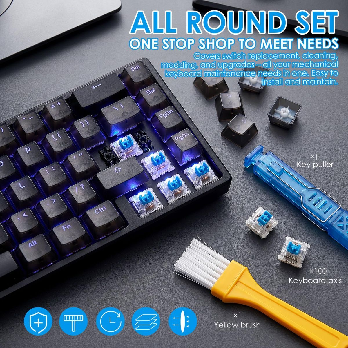 100 PCS Blue Mechanical Keyboard Switches Clickers with Upgraded 4-Claw Switch Puller & Brush, Dustproof Clicky Tactile Switches for Gaming Keyboards, 3D Prints - Image 3