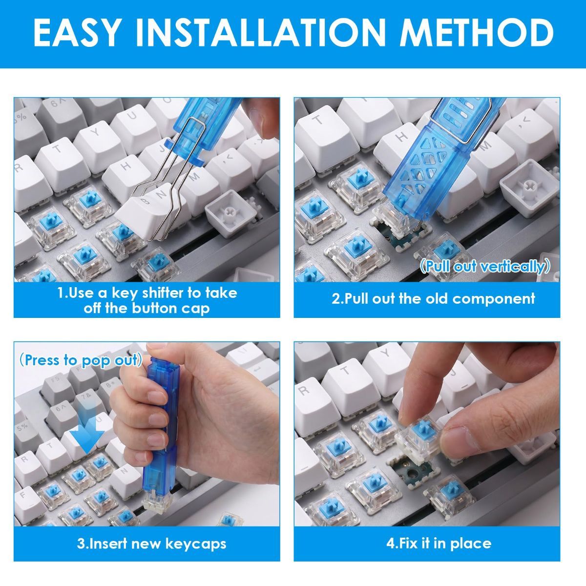 100 PCS Blue Mechanical Keyboard Switches Clickers with Upgraded 4-Claw Switch Puller & Brush, Dustproof Clicky Tactile Switches for Gaming Keyboards, 3D Prints - Image 4