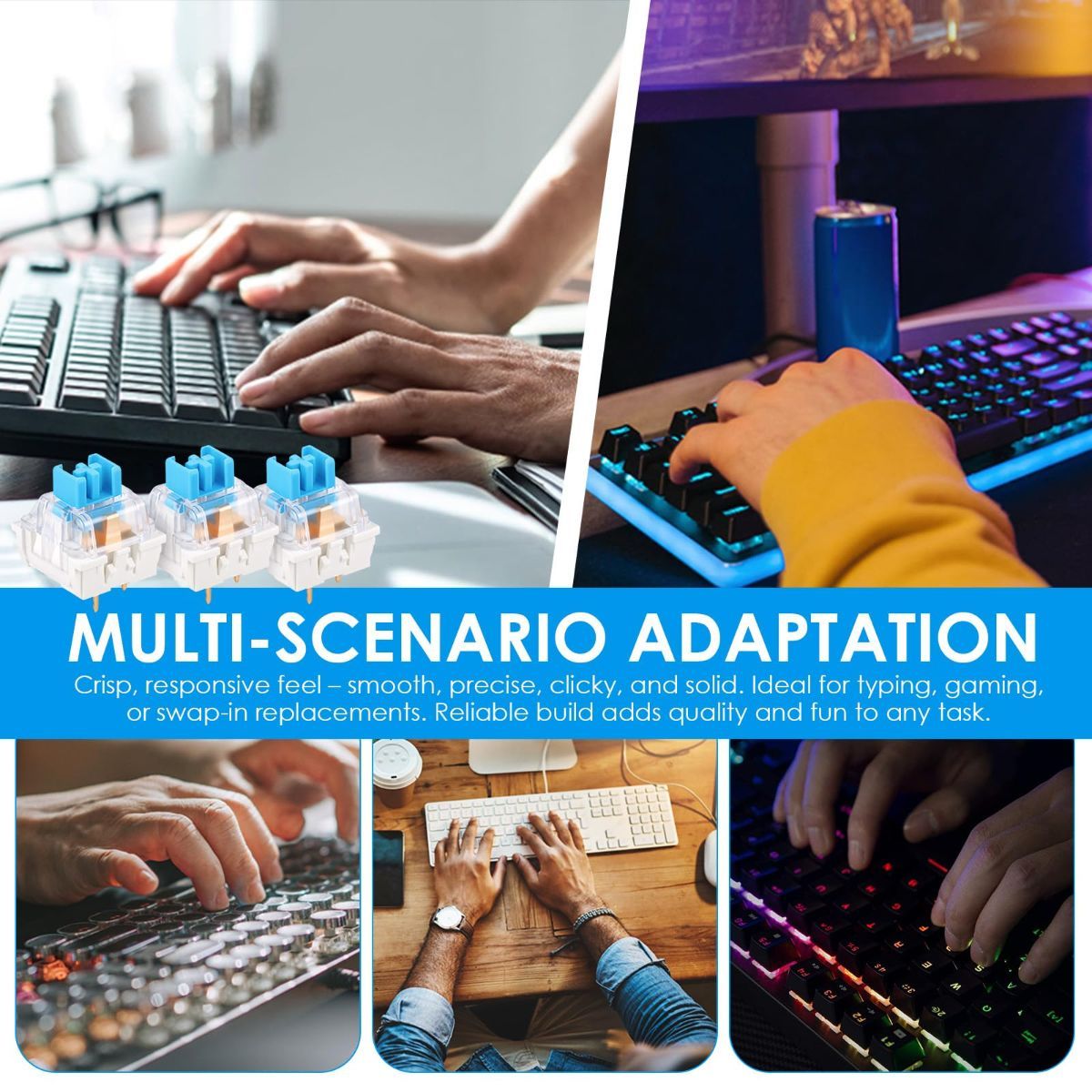 100 PCS Blue Mechanical Keyboard Switches Clickers with Upgraded 4-Claw Switch Puller & Brush, Dustproof Clicky Tactile Switches for Gaming Keyboards, 3D Prints - Image 7