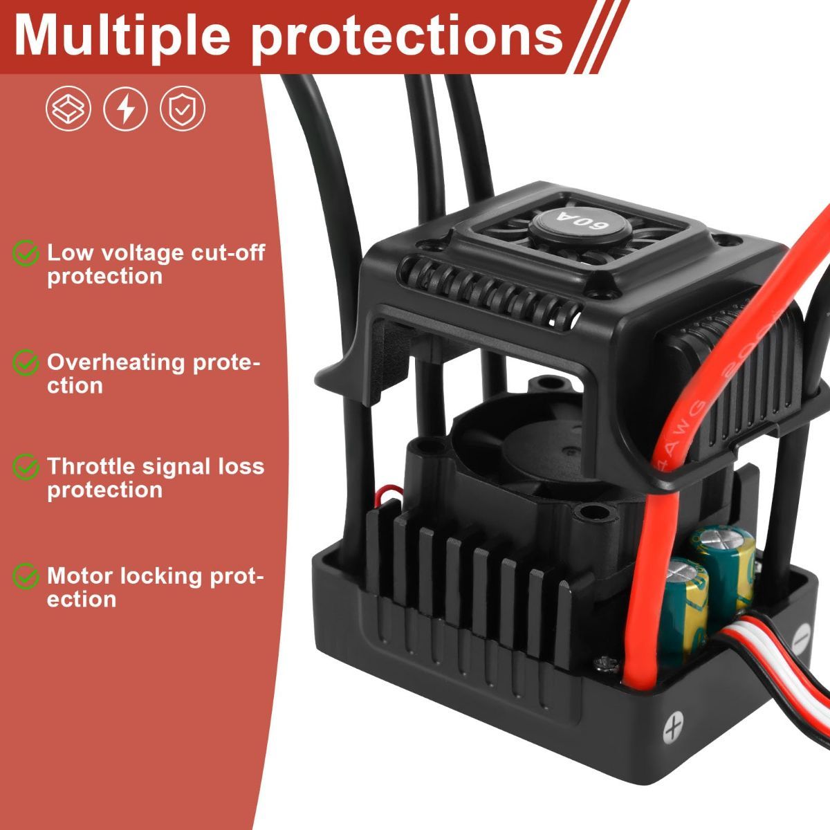 New Brushless Sensorless ESC, 60A Waterproof Dustproof Brushless Smart ESC, Sensorless Motor Combo, Multiple Protection Brushless ESC for 1/10 RC Car Truck Outdoor (T Plug) - Image 3