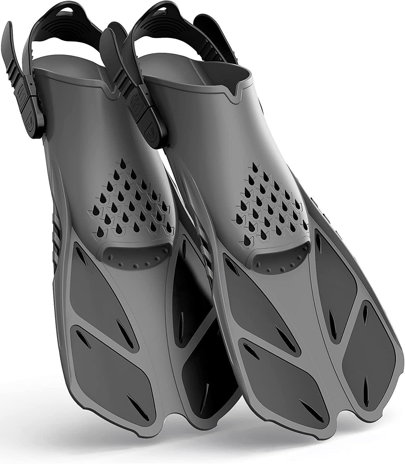 Gray Adjustable Open Heel Snorkel Fins, Travel-Size Short Swim Flippers for Snorkeling, Diving & Swimming, Adult Men & Women（L/XL） - Image 1
