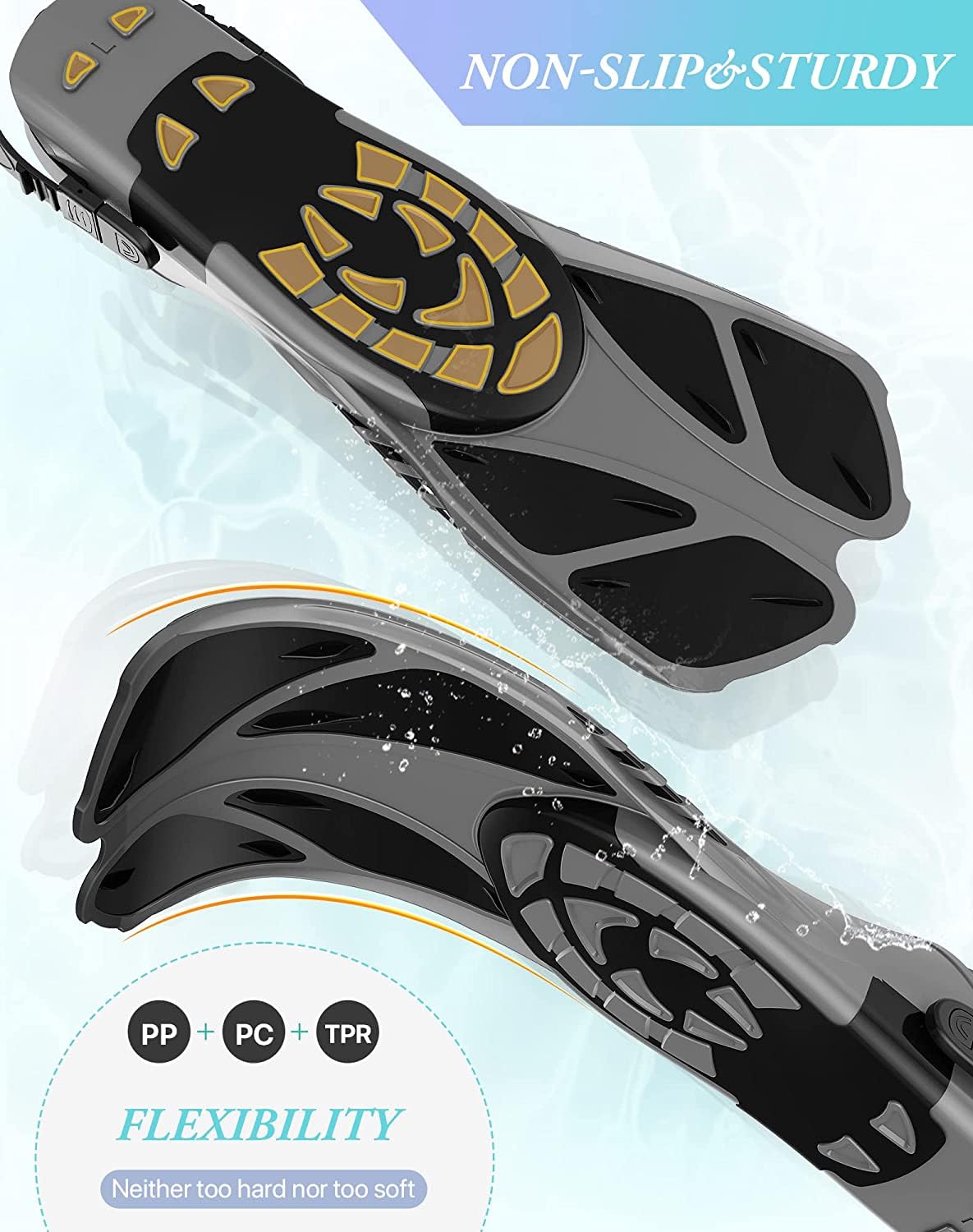 Gray Adjustable Open Heel Snorkel Fins, Travel-Size Short Swim Flippers for Snorkeling, Diving & Swimming, Adult Men & Women（S/M） - Image 3