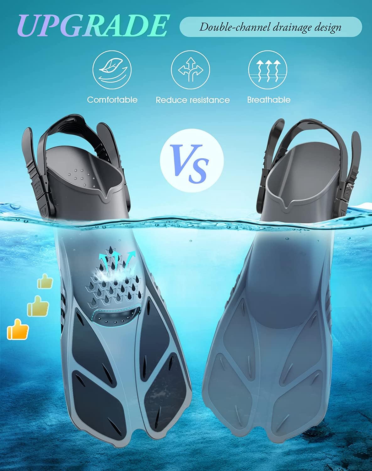Gray Adjustable Open Heel Snorkel Fins, Travel-Size Short Swim Flippers for Snorkeling, Diving & Swimming, Adult Men & Women（S/M） - Image 4