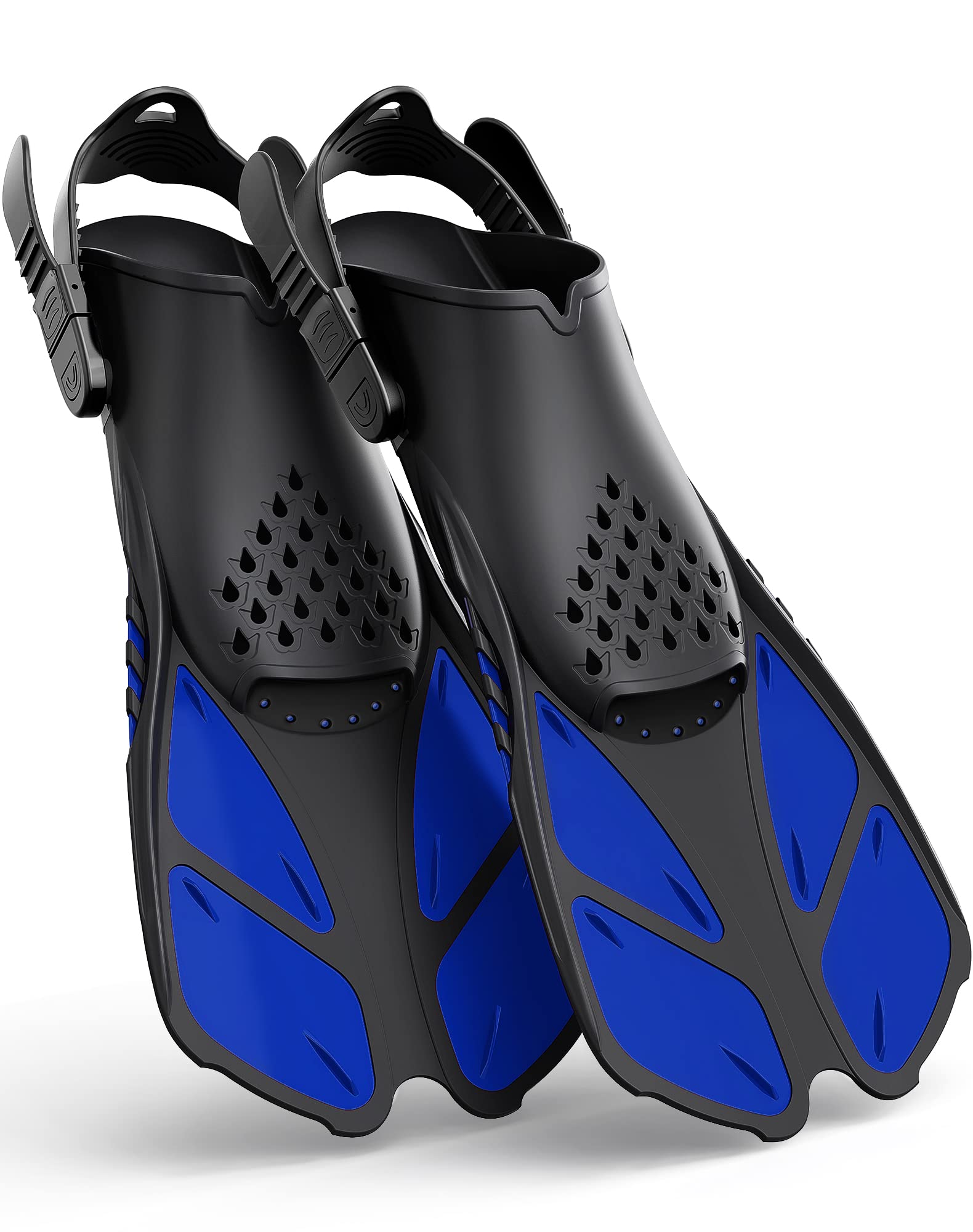 Blue Adjustable Open Heel Snorkel Fins, Travel-Size Short Swim Flippers for Snorkeling, Diving & Swimming, Adult Men & Women（S/M） - Image 1