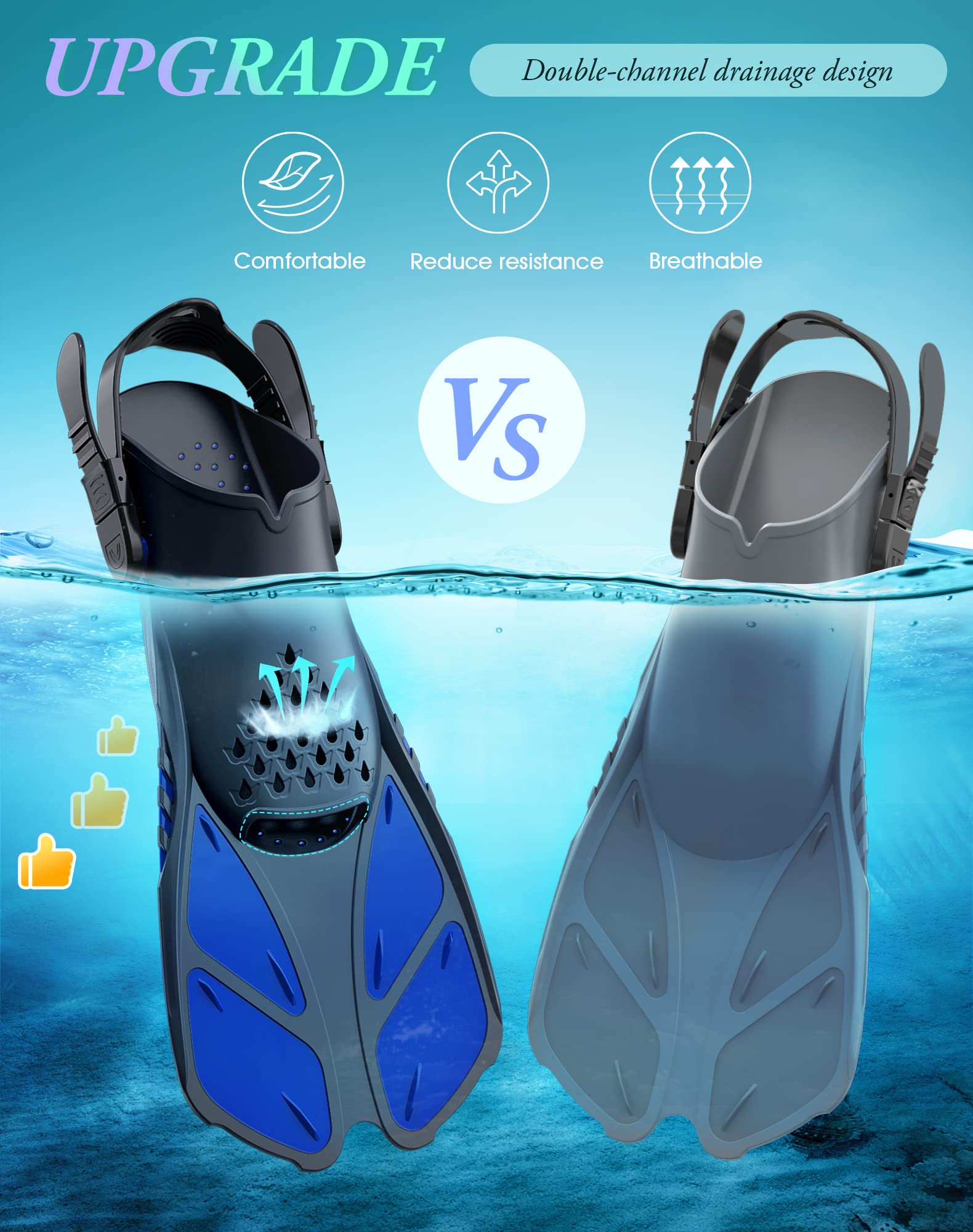 Blue Adjustable Open Heel Snorkel Fins, Travel-Size Short Swim Flippers for Snorkeling, Diving & Swimming, Adult Men & Women（S/M） - Image 5