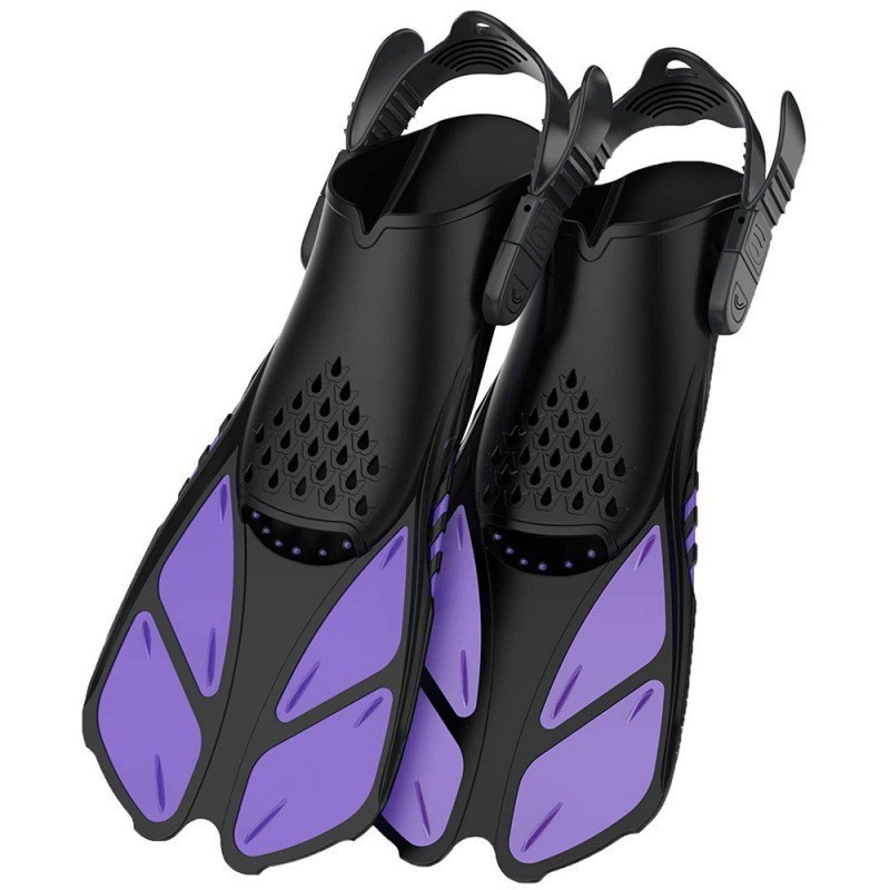 Purple Adjustable Open Heel Snorkel Fins, Travel-Size Short Swim Flippers for Snorkeling, Diving & Swimming, Adult Men & Women（L/XL） - Image 1
