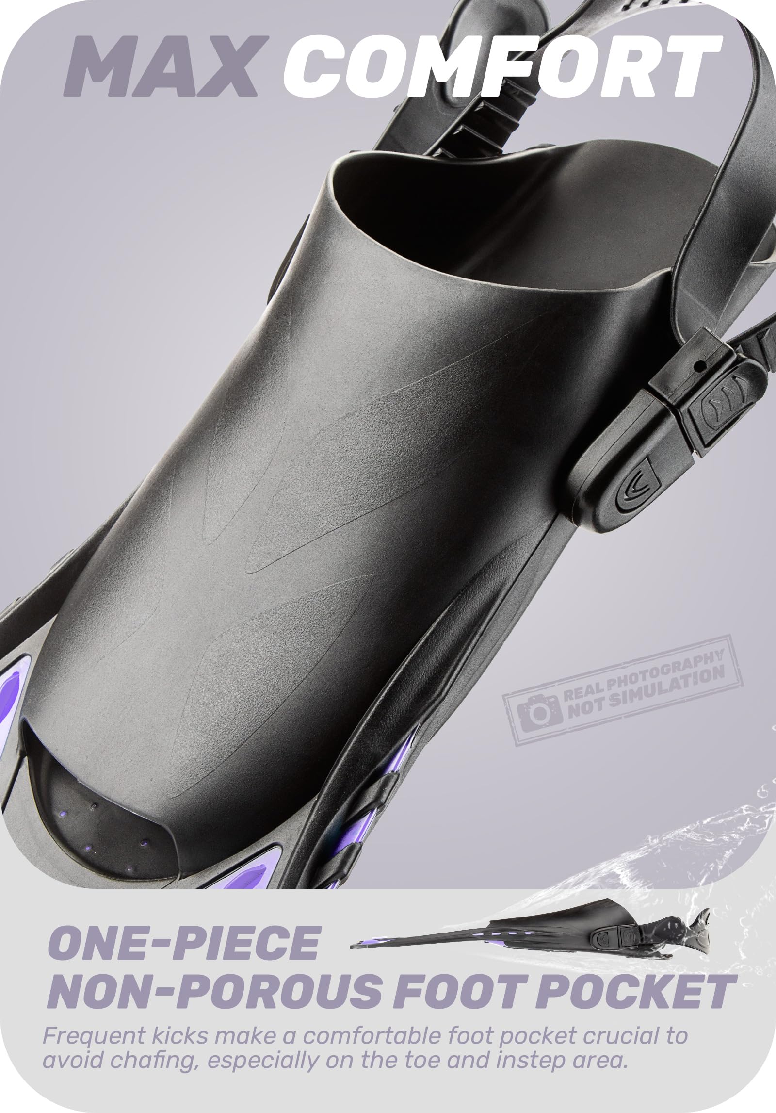 Purple Adjustable Open Heel Snorkel Fins, Travel-Size Short Swim Flippers for Snorkeling, Diving & Swimming, Adult Men & Women（L/XL） - Image 3