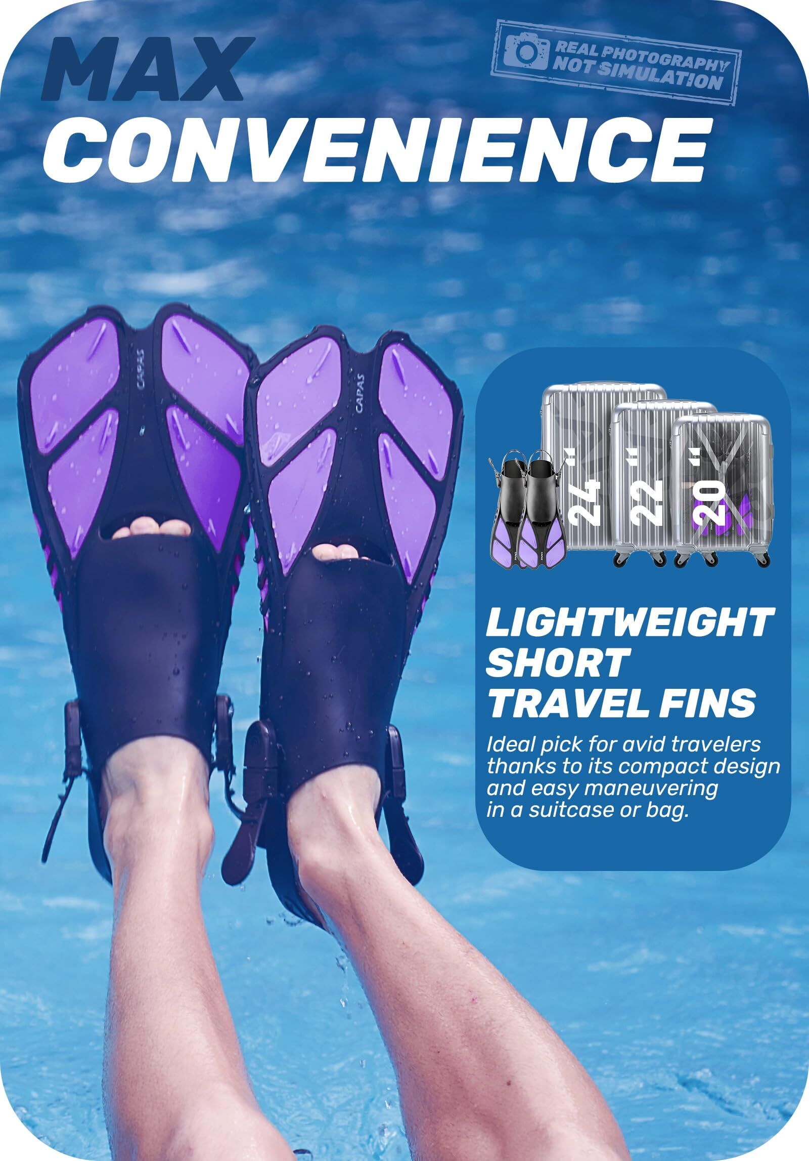 Purple Adjustable Open Heel Snorkel Fins, Travel-Size Short Swim Flippers for Snorkeling, Diving & Swimming, Adult Men & Women（L/XL） - Image 4