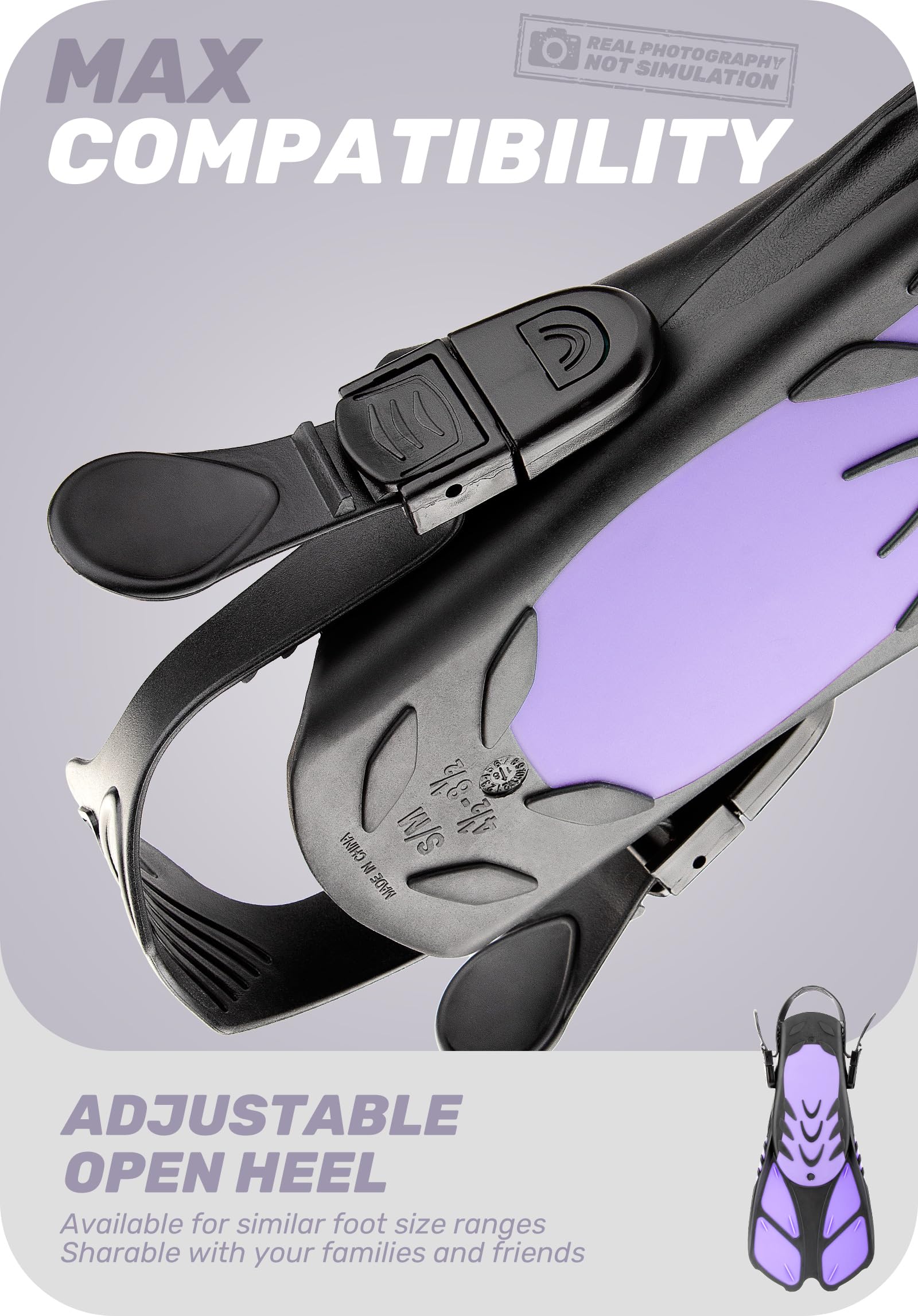 Purple Adjustable Open Heel Snorkel Fins, Travel-Size Short Swim Flippers for Snorkeling, Diving & Swimming, Adult Men & Women（S/M） - Image 2