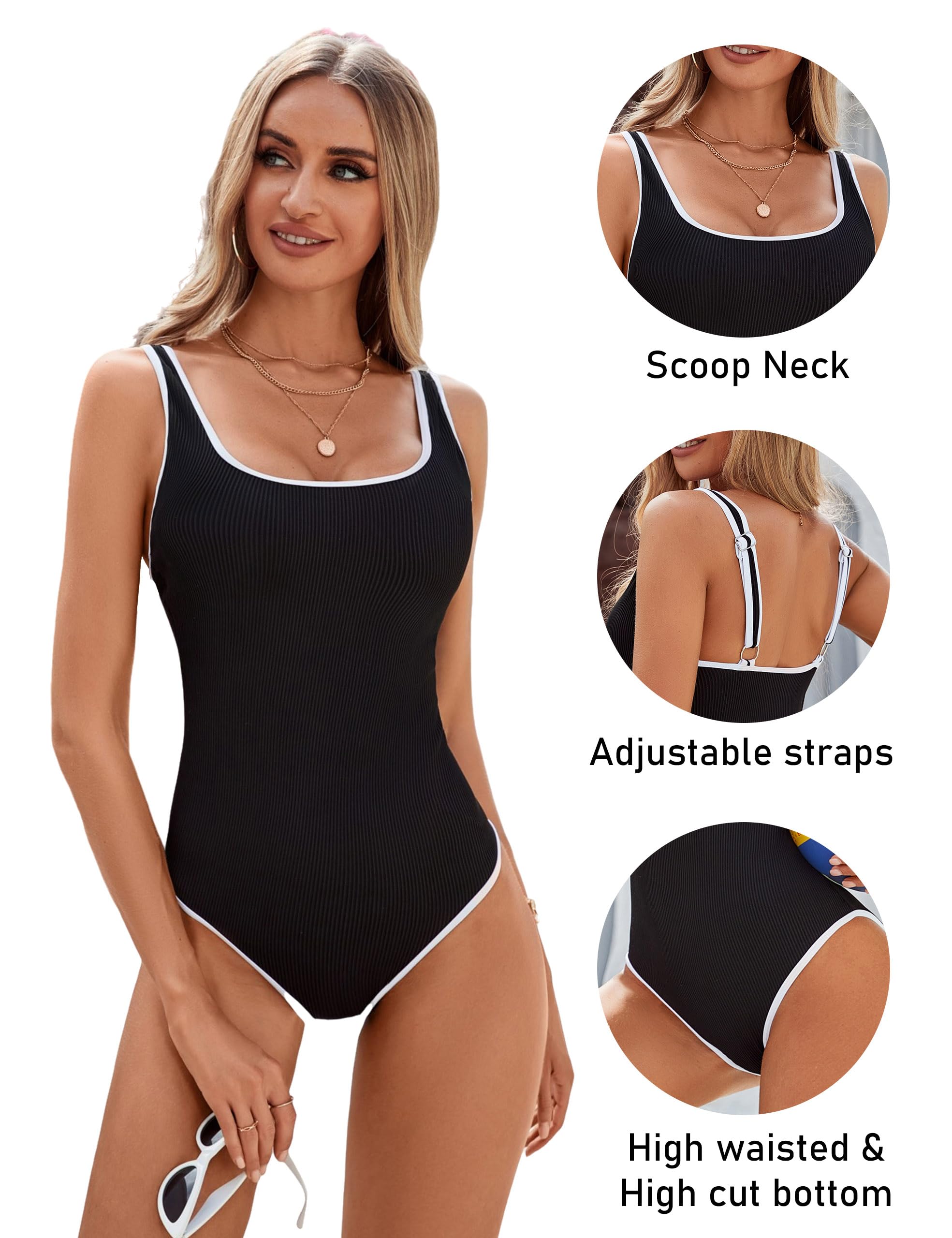 Women's Black One Piece Swimsuit with White Trim: Adjustable Strap, Ribbed, High Cut for Sports & Beach（XXL） - Image 3