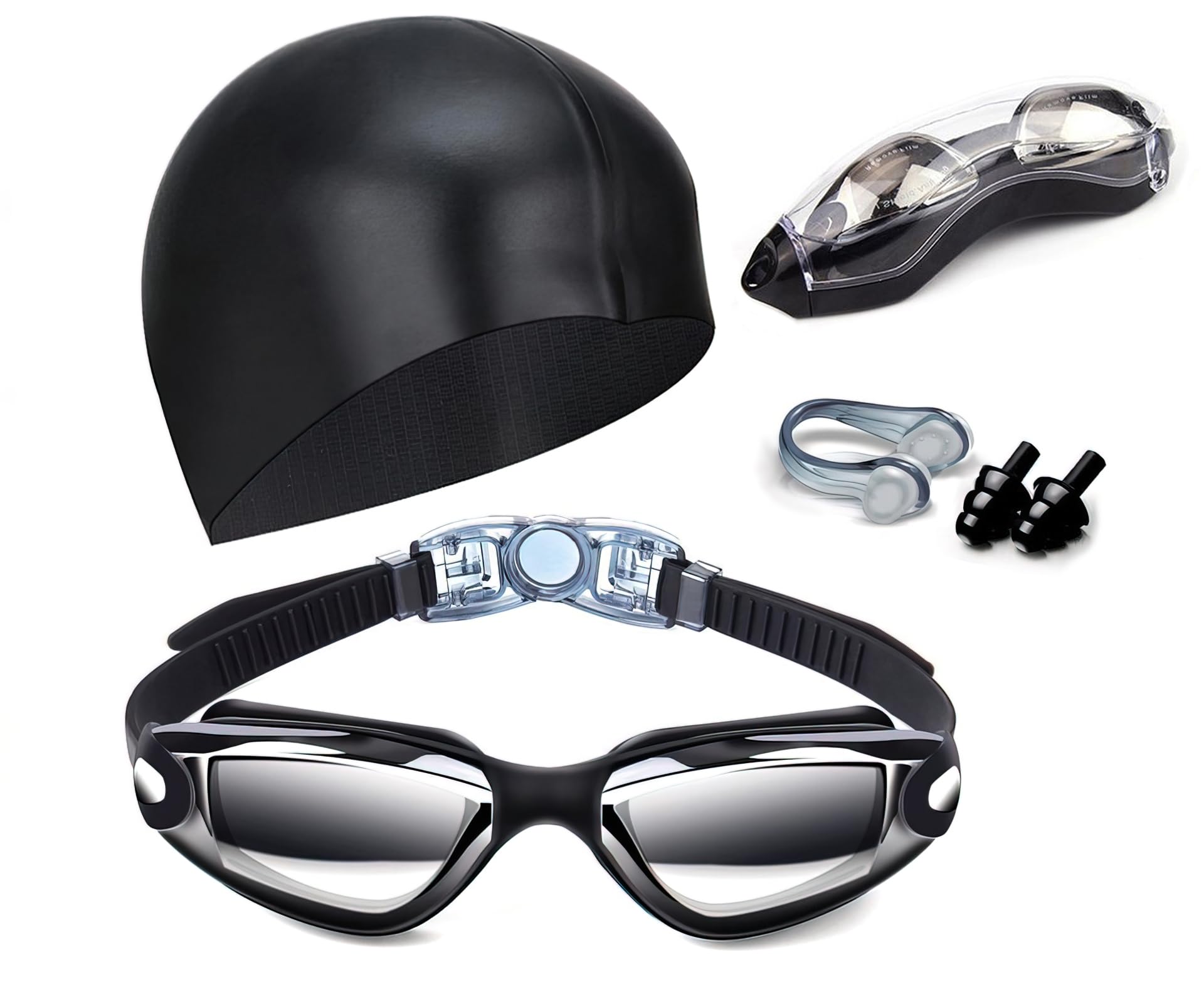 Black Swim Goggles Set with Cap, Nose Clip, Earplugs & Case: Anti-Fog UV Protection for Men & Women - Image 1