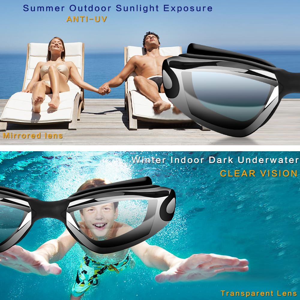 Black Swim Goggles Set with Cap, Nose Clip, Earplugs & Case: Anti-Fog UV Protection for Men & Women - Image 5