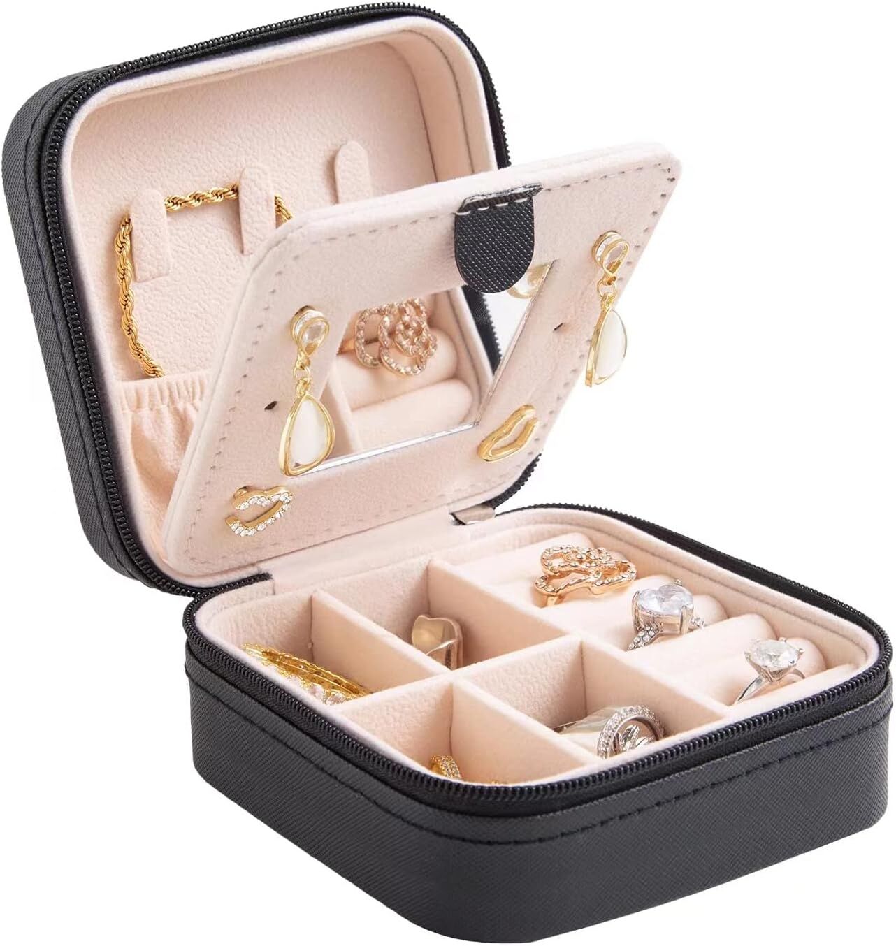 Black Travel Jewelry Box with Mirror: Sleek, Organised Storage for Rings, Necklaces & Earrings, Ideal for Aussies - Image 1