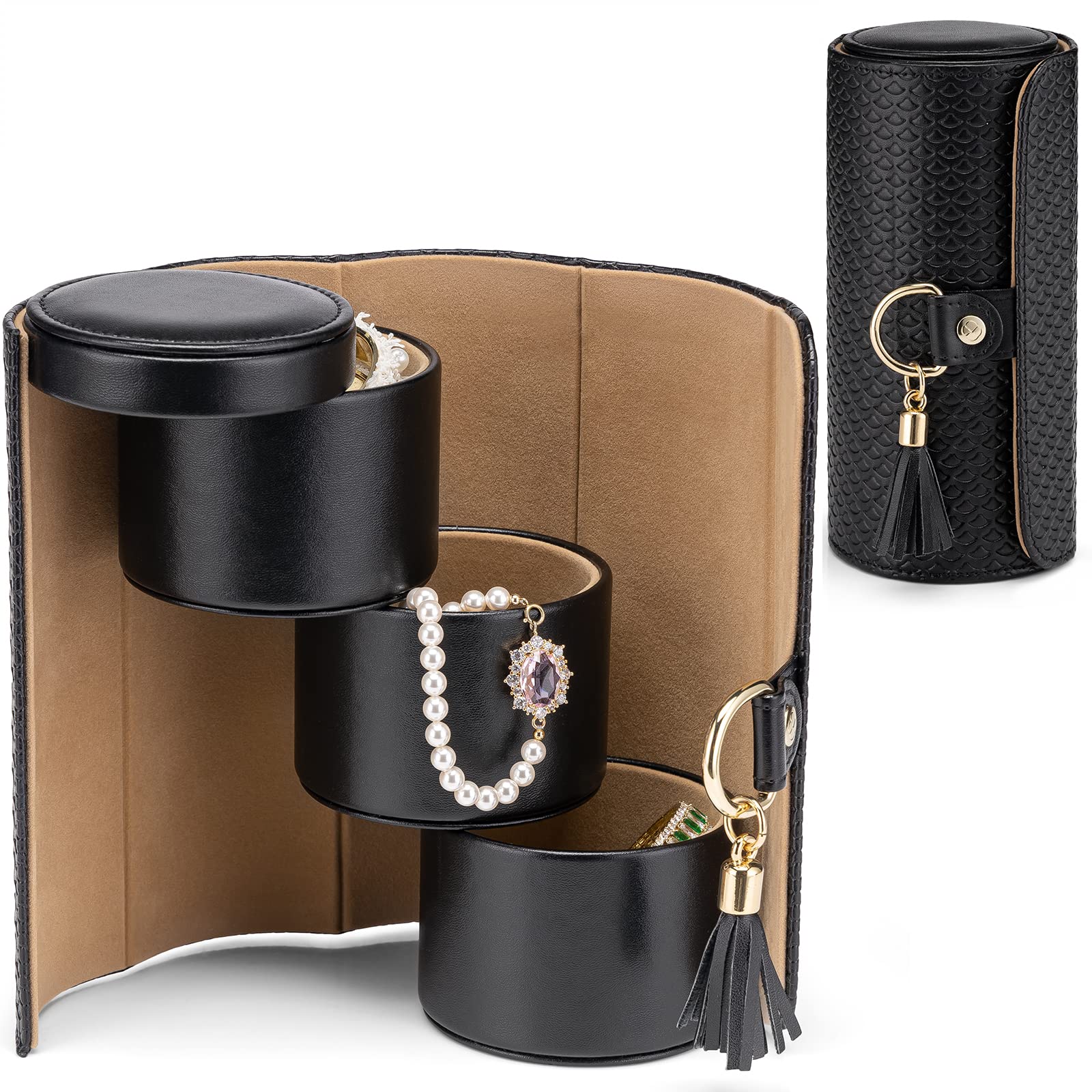 Black Travel Jewelry Case: 3-Layer PU Cylinder Organizer for Necklaces, Earrings, Gifts for Travelers & Jewelry Lovers - Image 1