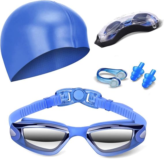 Blue Swim Goggles Set with Cap, Nose Clip, Earplugs & Case: Anti-Fog UV Protection for Men & Women - Image 1