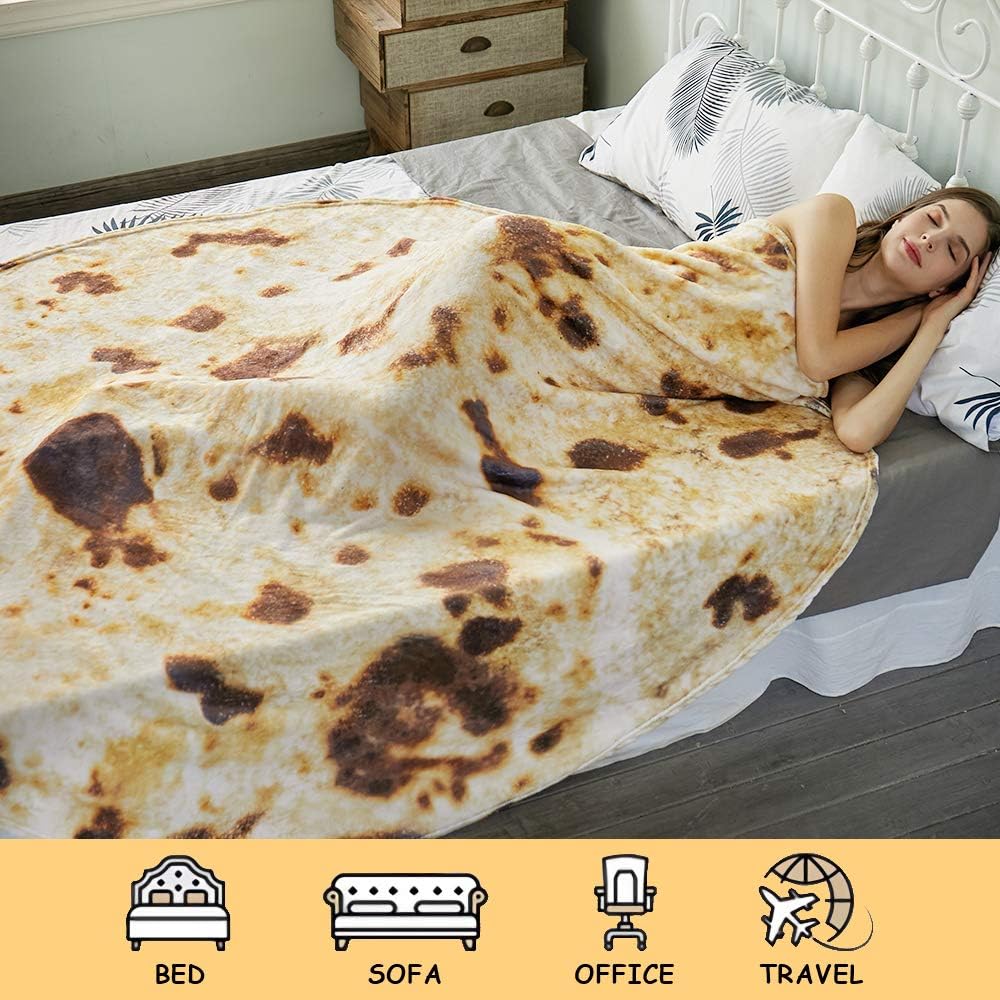 Burritos Tortilla Throw Blanket (Brown), Novelty Funny Round Blanket for Kids & Adults, Soft Flannel Tortilla Wrap Blanket（71