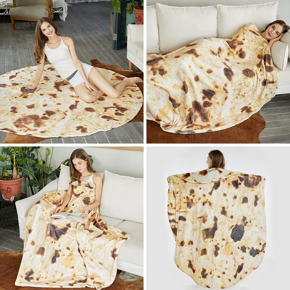 Burritos Tortilla Throw Blanket (Brown), Novelty Funny Round Blanket for Kids & Adults, Soft Flannel Tortilla Wrap Blanket（71