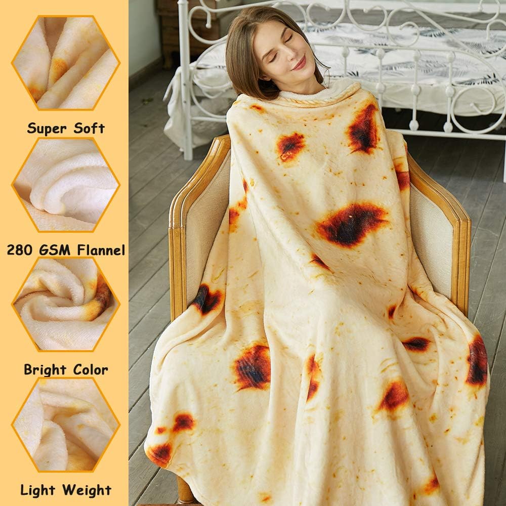 Burritos Tortilla Throw Blanket (Yellow), Novelty Funny Round Blanket for Kids & Adults, Soft Flannel Tortilla Wrap Blanket（71