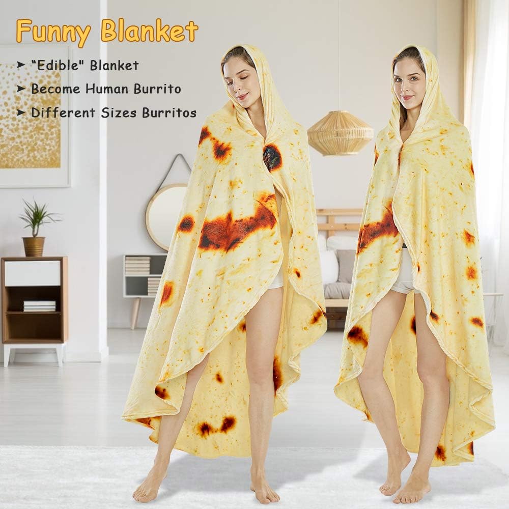 Burritos Tortilla Throw Blanket (Yellow), Novelty Funny Round Blanket for Kids & Adults, Soft Flannel Tortilla Wrap Blanket（71