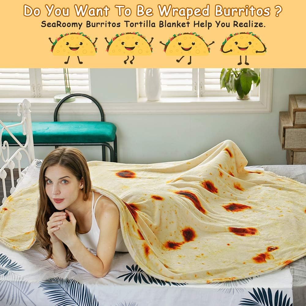 Burritos Tortilla Throw Blanket (Yellow), Novelty Funny Round Blanket for Kids & Adults, Soft Flannel Tortilla Wrap Blanket（71