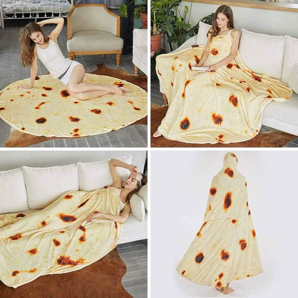 Burritos Tortilla Throw Blanket (Yellow), Novelty Funny Round Blanket for Kids & Adults, Soft Flannel Tortilla Wrap Blanket（71