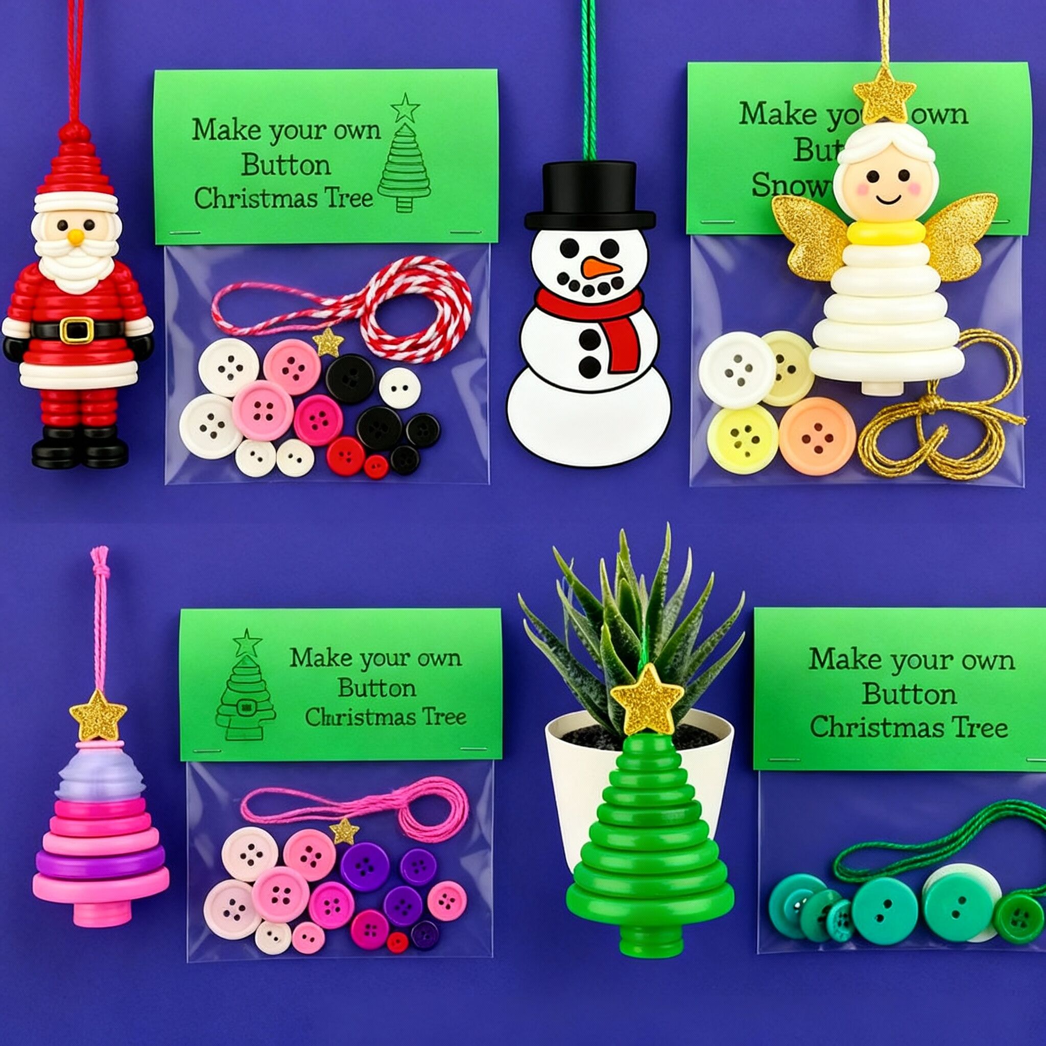 Christmas gift Christmas Button Ornament - Festive Santa Design Craft Kit- Set of 5 pieces（Santa Claus、Snowman、angel、Red Christmas tree and green Christmas tree） - Image 1