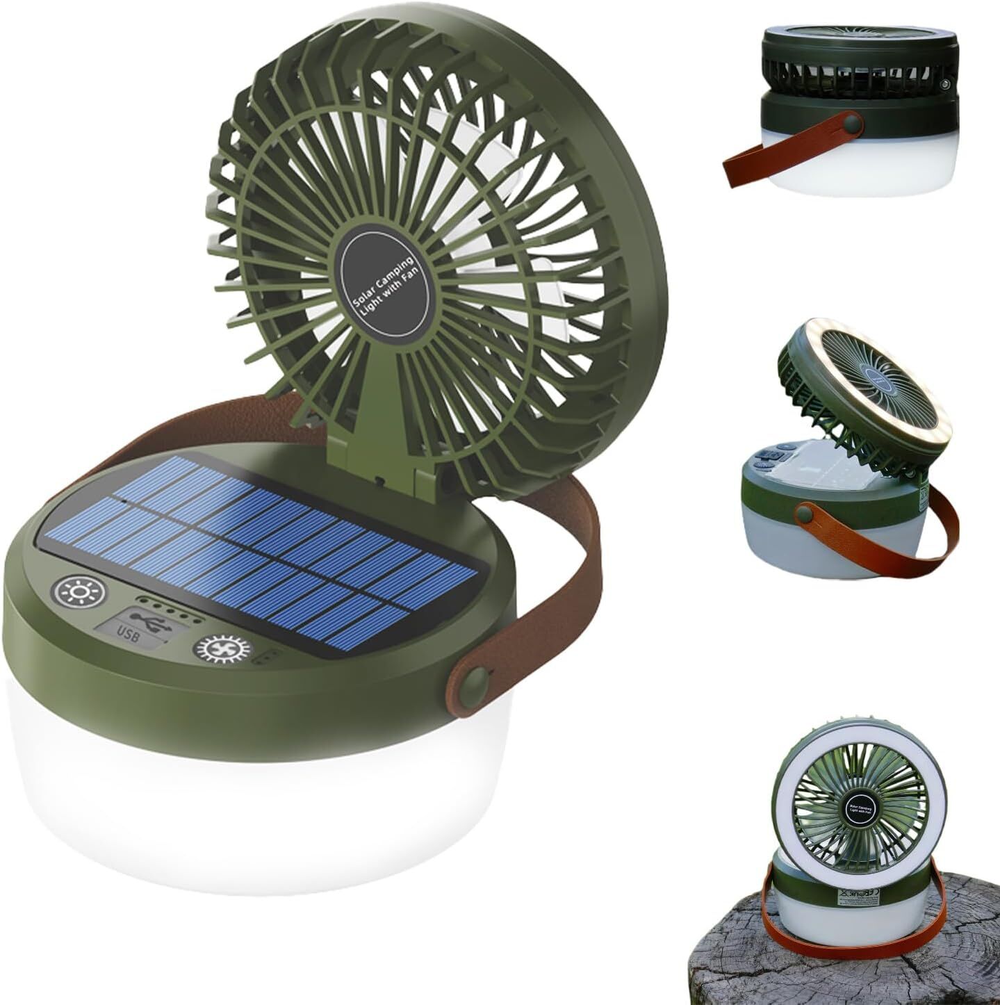 Camping Light with Fan, Portable Hanging Lamp for Tent, IPX4 Waterproof, 4 Mode Light Camping Lantern and 3 -Speed Quiet Fan,USB & Auxiliary Solar Charging，for Camping/College Dorm (Army Green) - Image 1