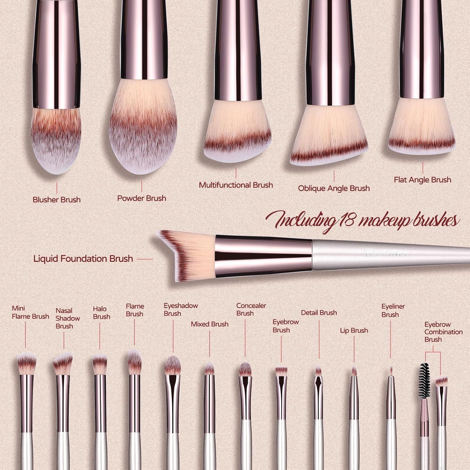 Champagne Gold Makeup Brush Set (18-Piece): Professional, Cruelty-Free for Foundation, Blush & Eyeshadow, Ideal for Aussies - Image 2