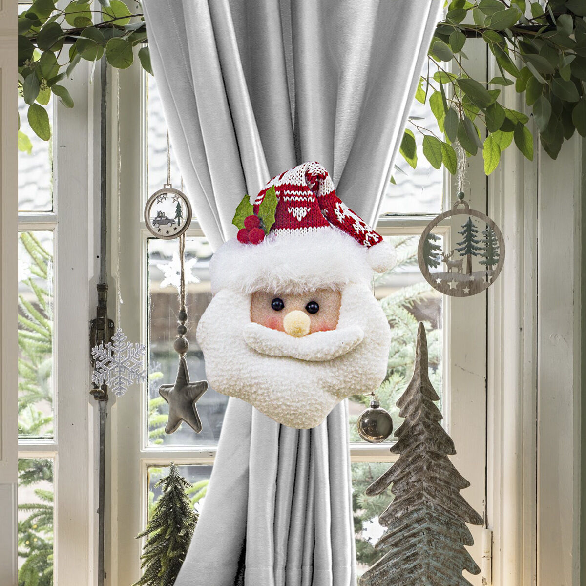 Christmas gift Warm Christmas Atmosphere - Festive Curtain Tie Decorations - Santa & Snowman Designs - Cozy Knitted Fabric（Santa Claus） - Image 1