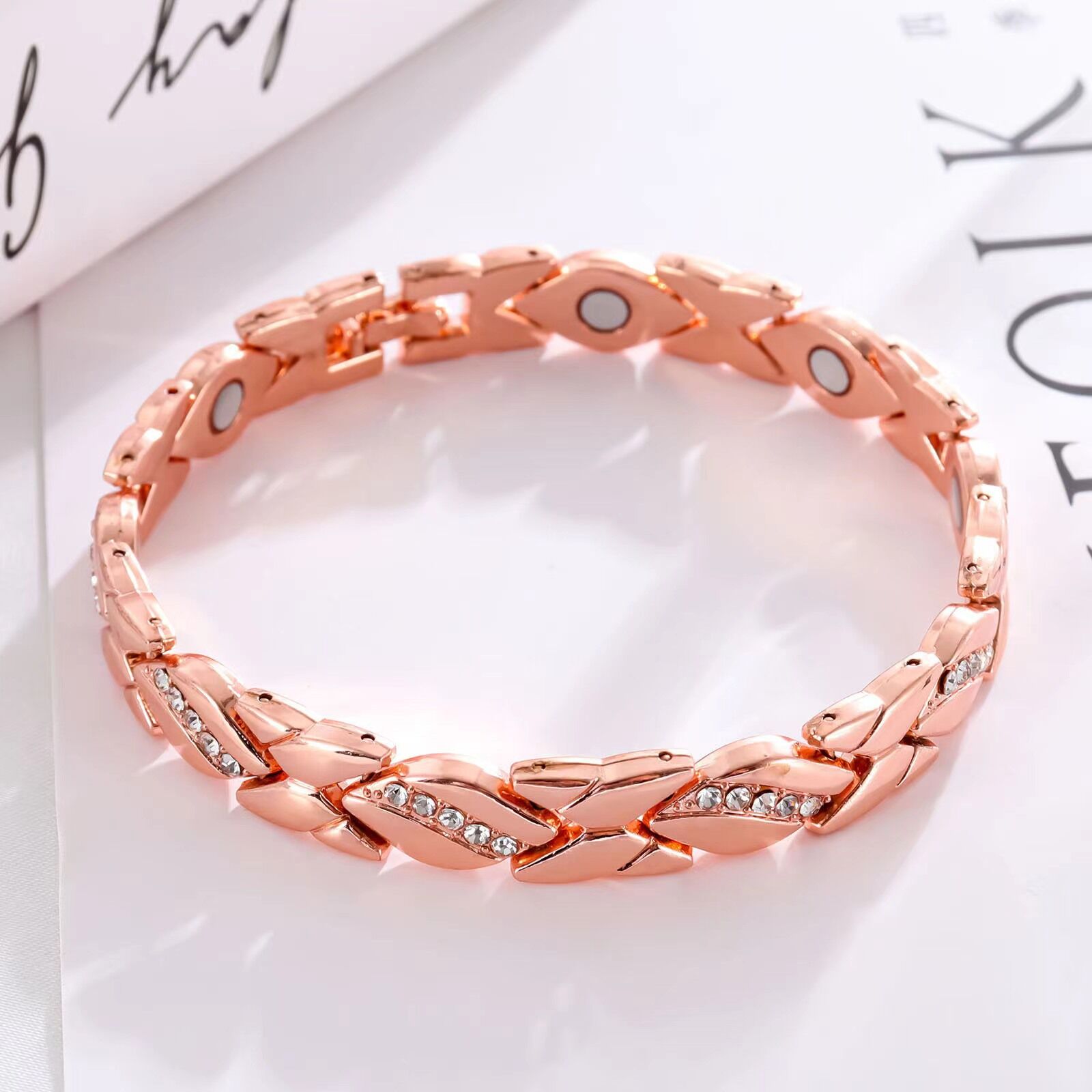 Christmas gift Stylish Ancient Copper Magnetic Therapy Bracelet with Diamond Accents - Enhance Health & Elegance（Rose gold） - Image 1
