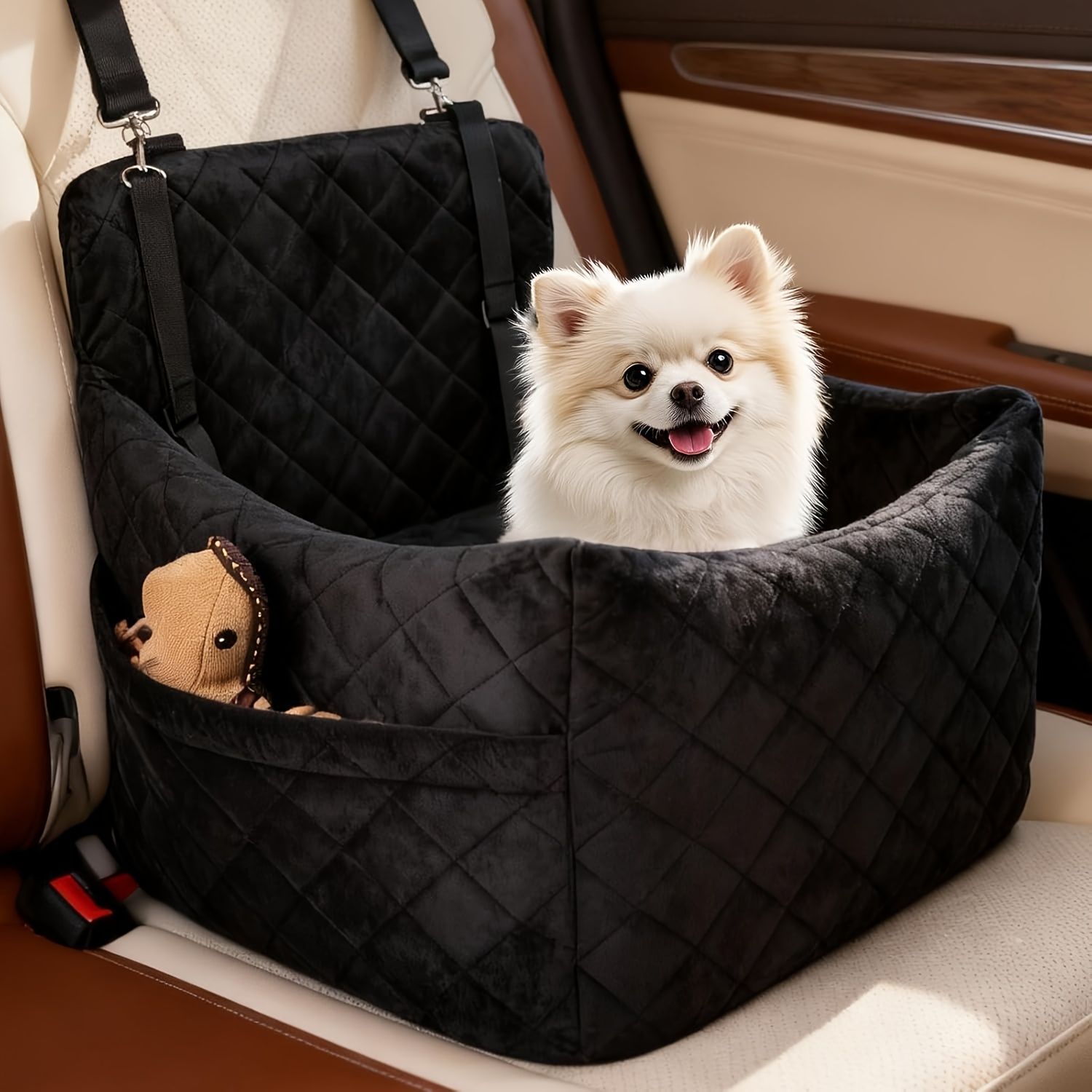 Portable Pet Car Seat Booster for Small Dogs and Cats, Elevated Design with Safety Belts and Storage Pocket, Perfect for Travel and Outdoor Adventures (Black) - Image 1
