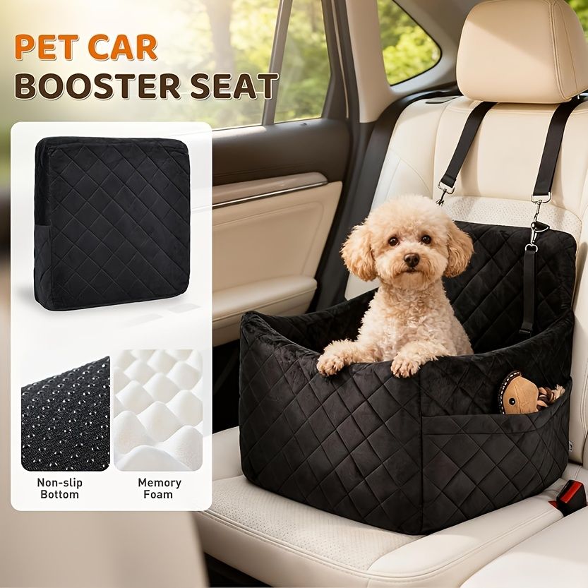 Portable Pet Car Seat Booster for Small Dogs and Cats, Elevated Design with Safety Belts and Storage Pocket, Perfect for Travel and Outdoor Adventures (Black) - Image 3