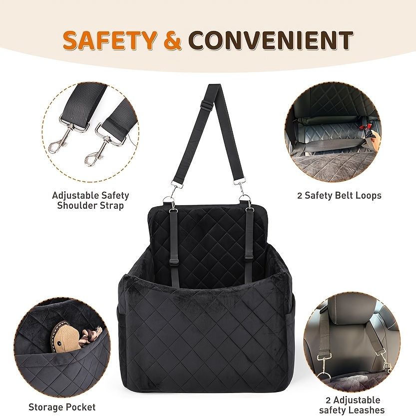 Portable Pet Car Seat Booster for Small Dogs and Cats, Elevated Design with Safety Belts and Storage Pocket, Perfect for Travel and Outdoor Adventures (Black) - Image 5