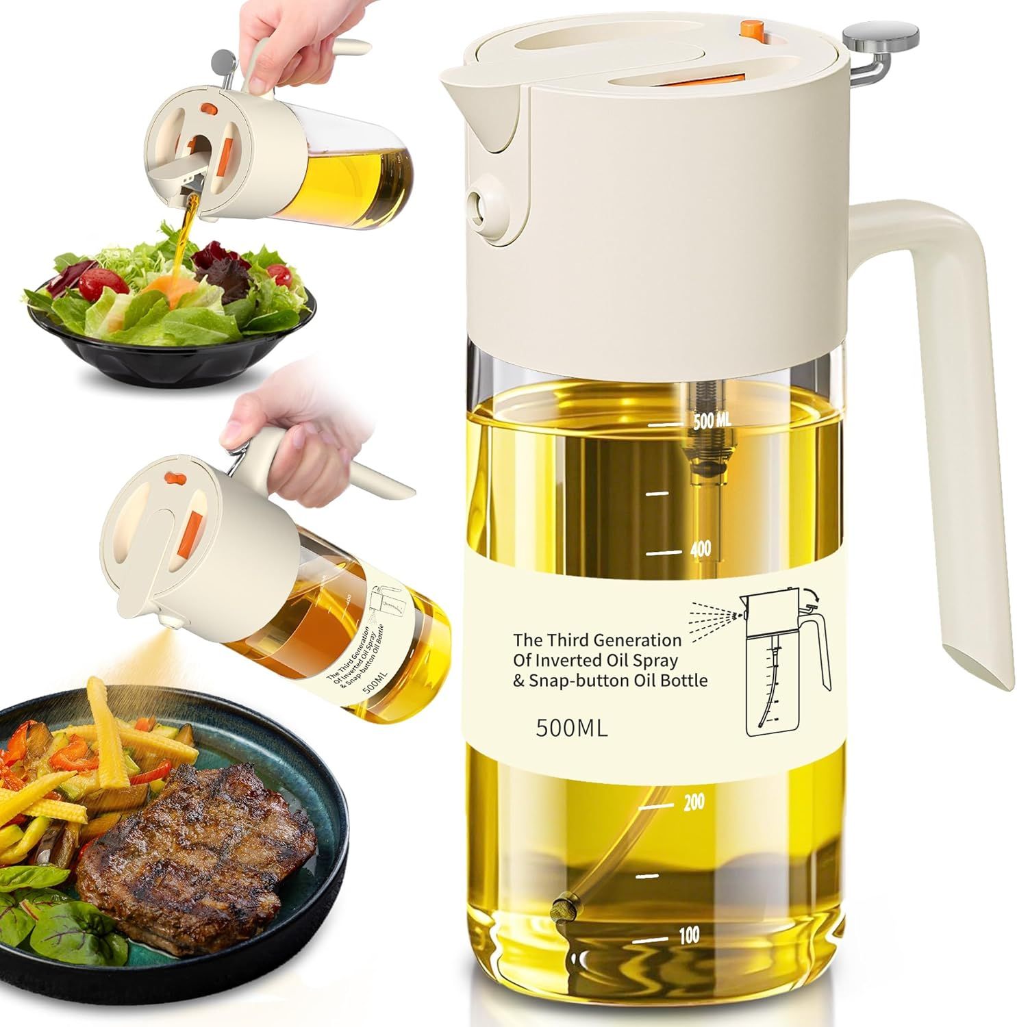 2-in-1 Oil Sprayer & Dispenser with Precision Spray, Wide-Mouth Refill, 500ml Glass Bottle for Air Fryer, Grilling, Salads (White) - Image 1