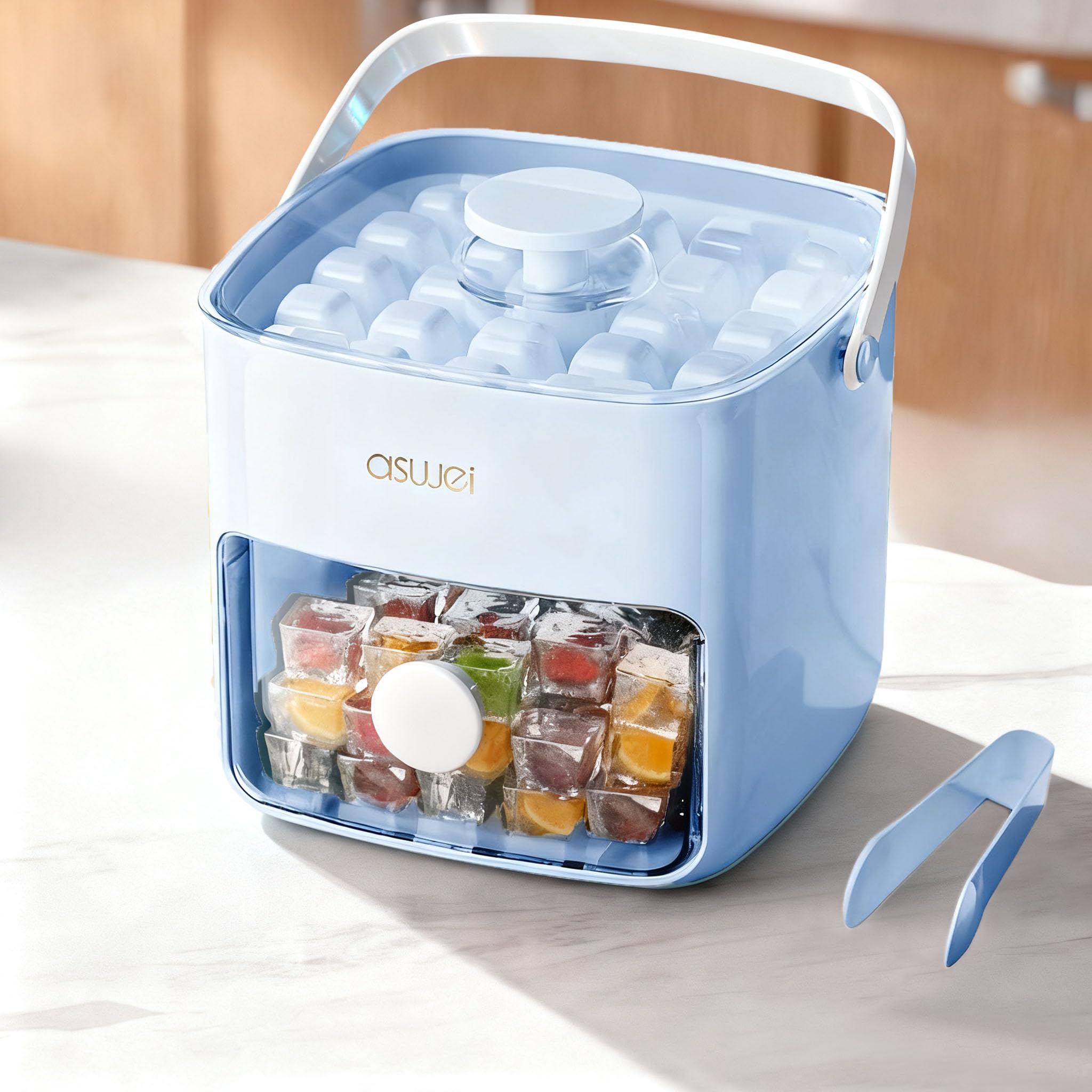 Portable Ice Cube Maker with Storage Drawer – BPA-Free, 48-Cube Capacity, Push-Release Tray & Transparent Lid for Cocktails, Coffee, Whiskey(Blue) - Image 1