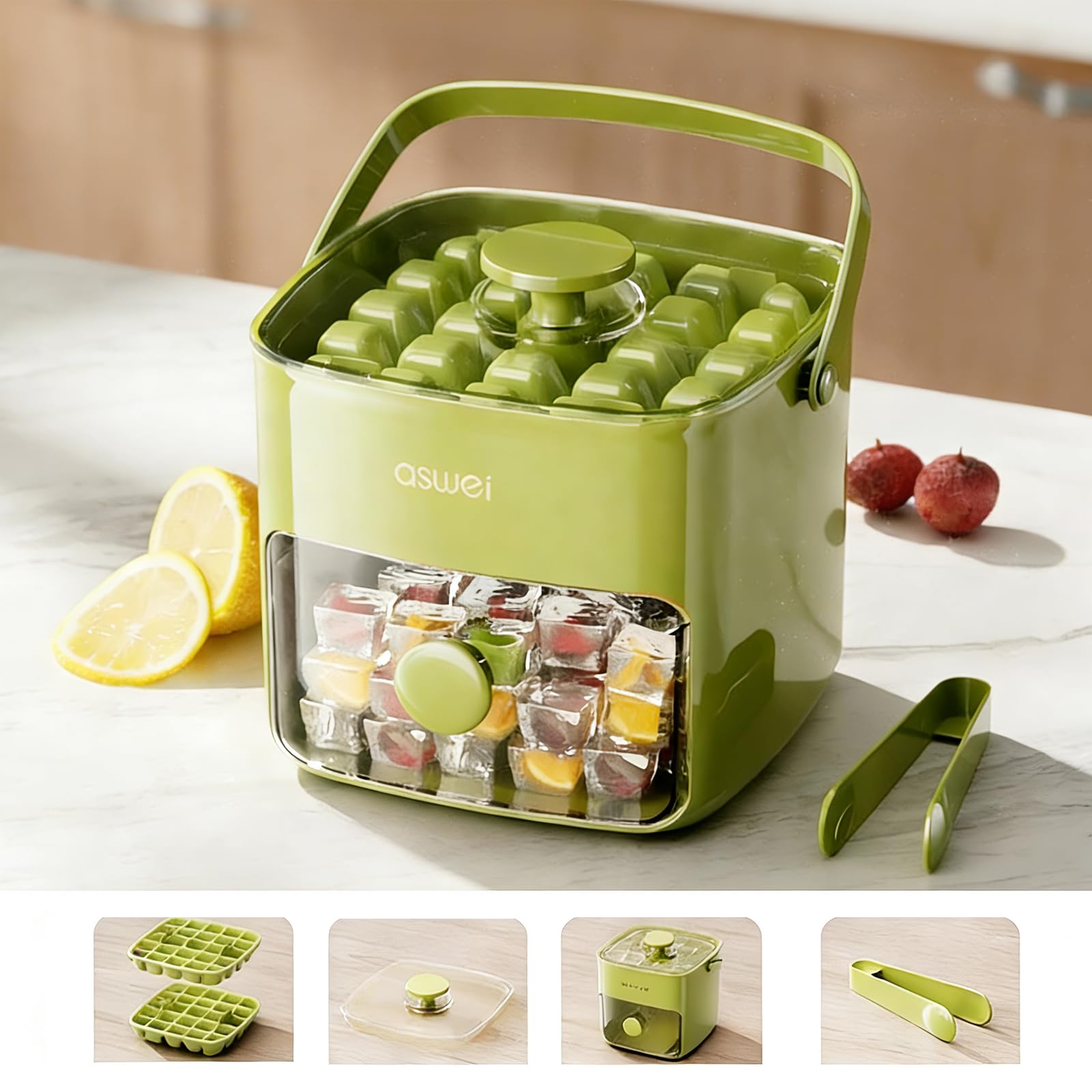 Portable Ice Cube Maker with Storage Drawer – BPA-Free, 48-Cube Capacity, Push-Release Tray & Transparent Lid for Cocktails, Coffee, Whiskey(Green) - Image 2