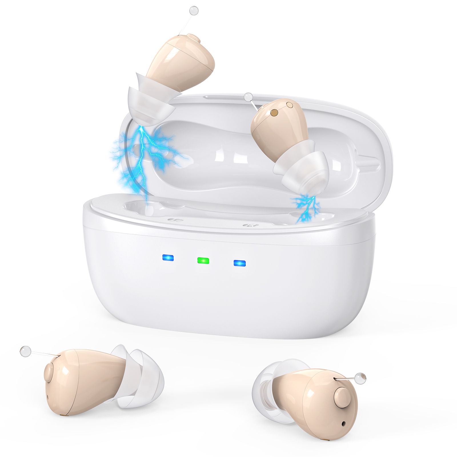 Rechargeable Behind-the-Ear Hearing Aids with Charging Case – Compact Sound Amplifier for Adults & Seniors with Memory Volume (White Case, Skin Tone Device) - Image 1