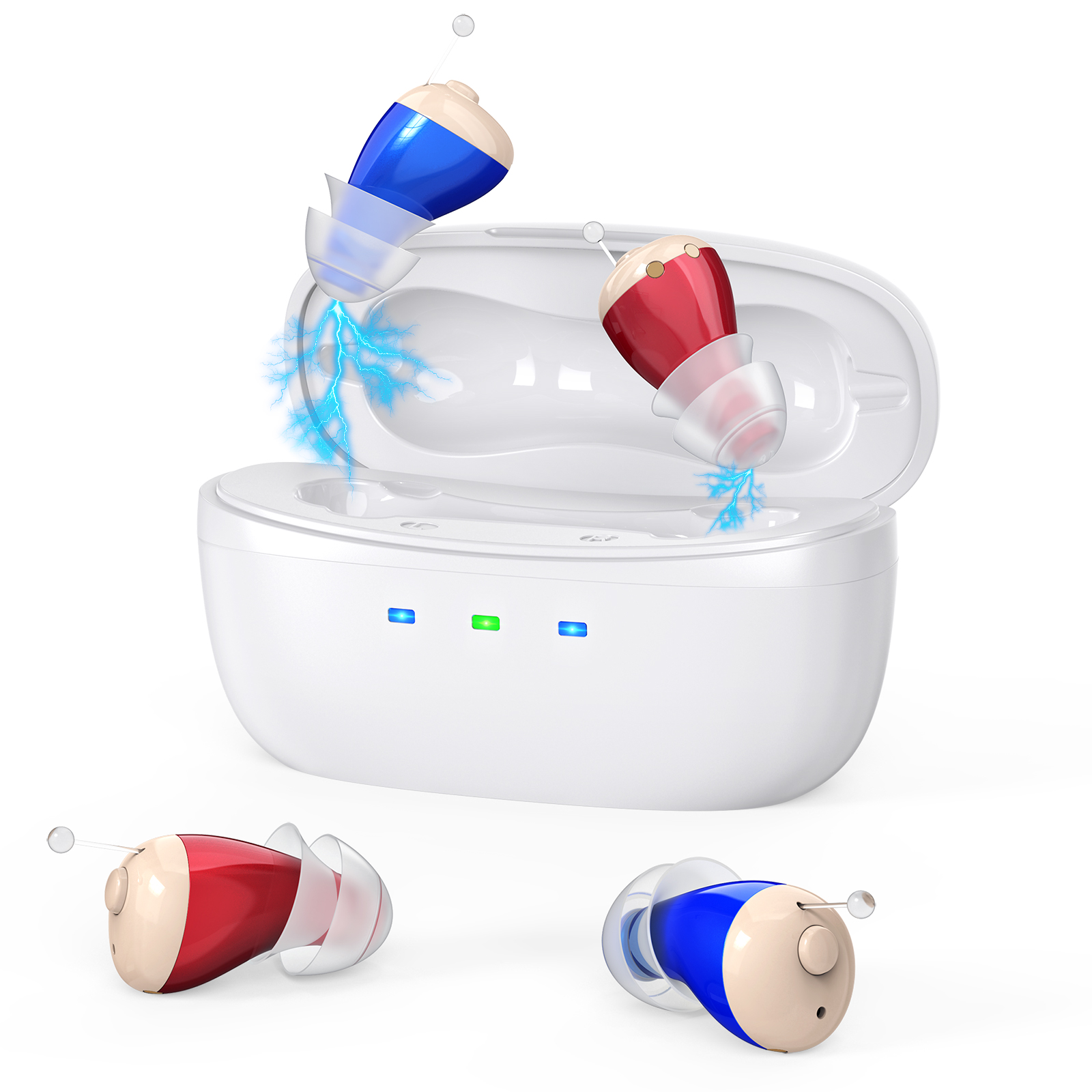 Rechargeable Behind-the-Ear Hearing Aids with Charging Case – Compact Sound Amplifier for Adults & Seniors with Memory Volume (White Case, Red & Blue Device) - Image 1
