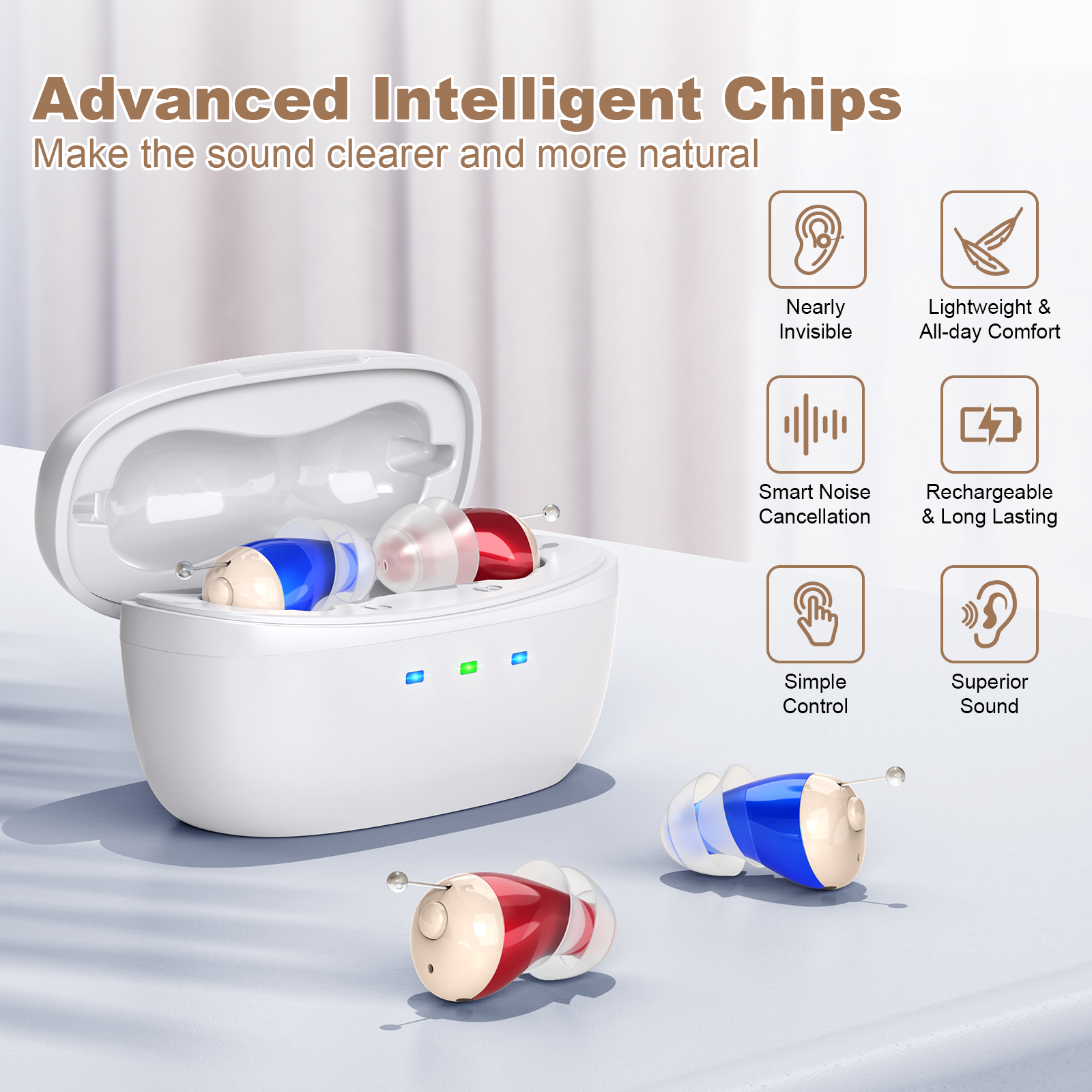 Rechargeable Behind-the-Ear Hearing Aids with Charging Case – Compact Sound Amplifier for Adults & Seniors with Memory Volume (White Case, Red & Blue Device) - Image 4