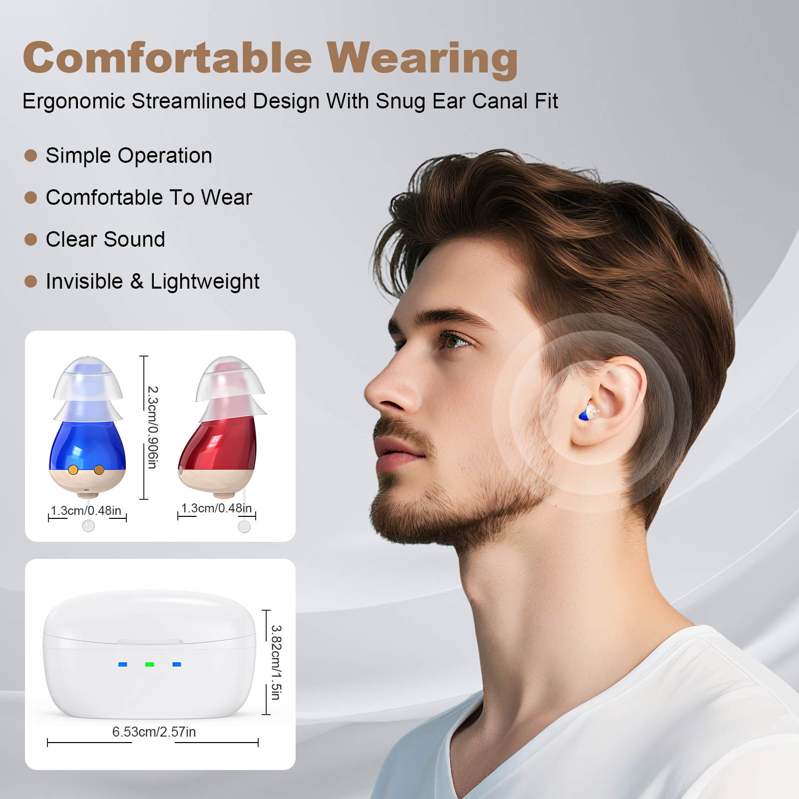 Rechargeable Behind-the-Ear Hearing Aids with Charging Case – Compact Sound Amplifier for Adults & Seniors with Memory Volume (White Case, Red & Blue Device) - Image 5