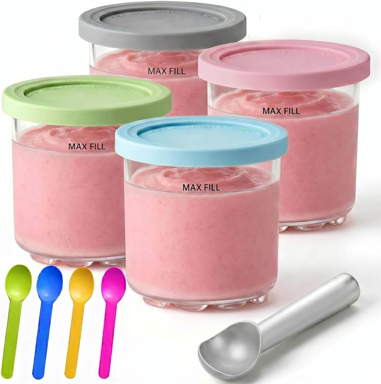 4-Pack Reusable Ice Cream Pints with 4 Spoons - 16oz Creami Containers & Lids Set Compatible with Ninja Creami NC300/NC299AMZ, BPA-Free & Dishwasher Safe (Transparent) - Image 1