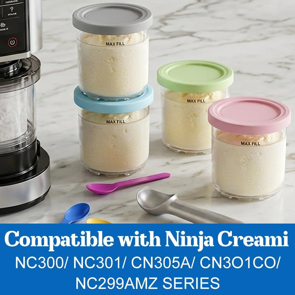 4-Pack Reusable Ice Cream Pints with 4 Spoons - 16oz Creami Containers & Lids Set Compatible with Ninja Creami NC300/NC299AMZ, BPA-Free & Dishwasher Safe (Transparent) - Image 2