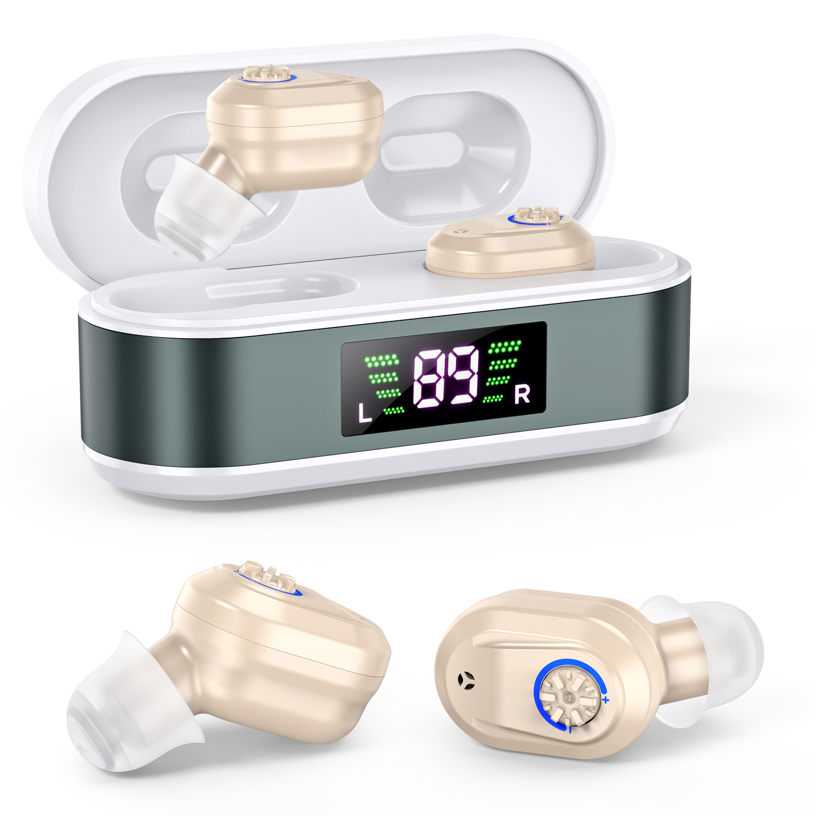 Rechargeable In-the-Ear Hearing Aids with Charging Case and LCD Display – Ultra-Compact Sound Amplifier for Seniors (White & Green Case, Skin Tone Device) - Image 1