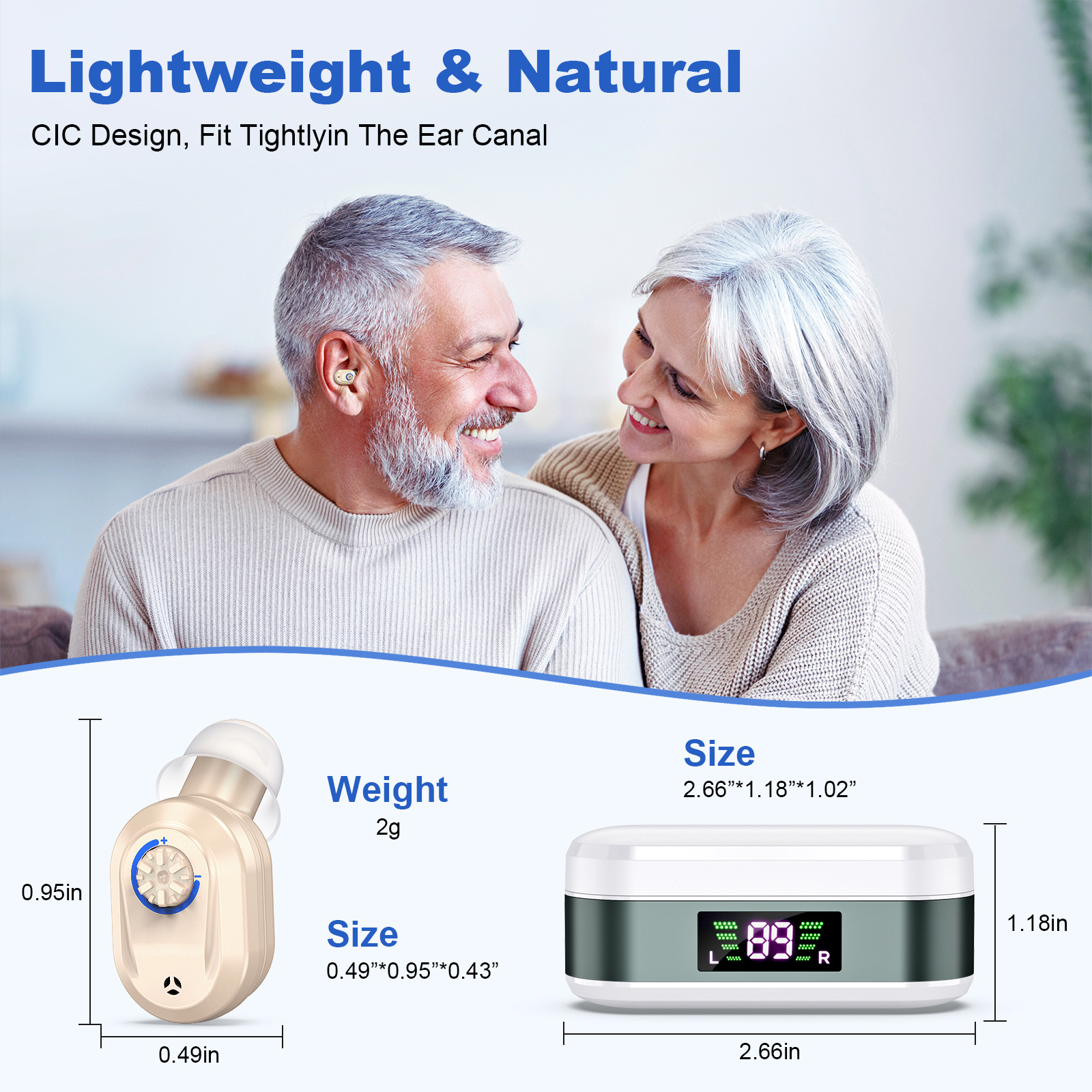 Rechargeable In-the-Ear Hearing Aids with Charging Case and LCD Display – Ultra-Compact Sound Amplifier for Seniors (White & Green Case, Skin Tone Device) - Image 3